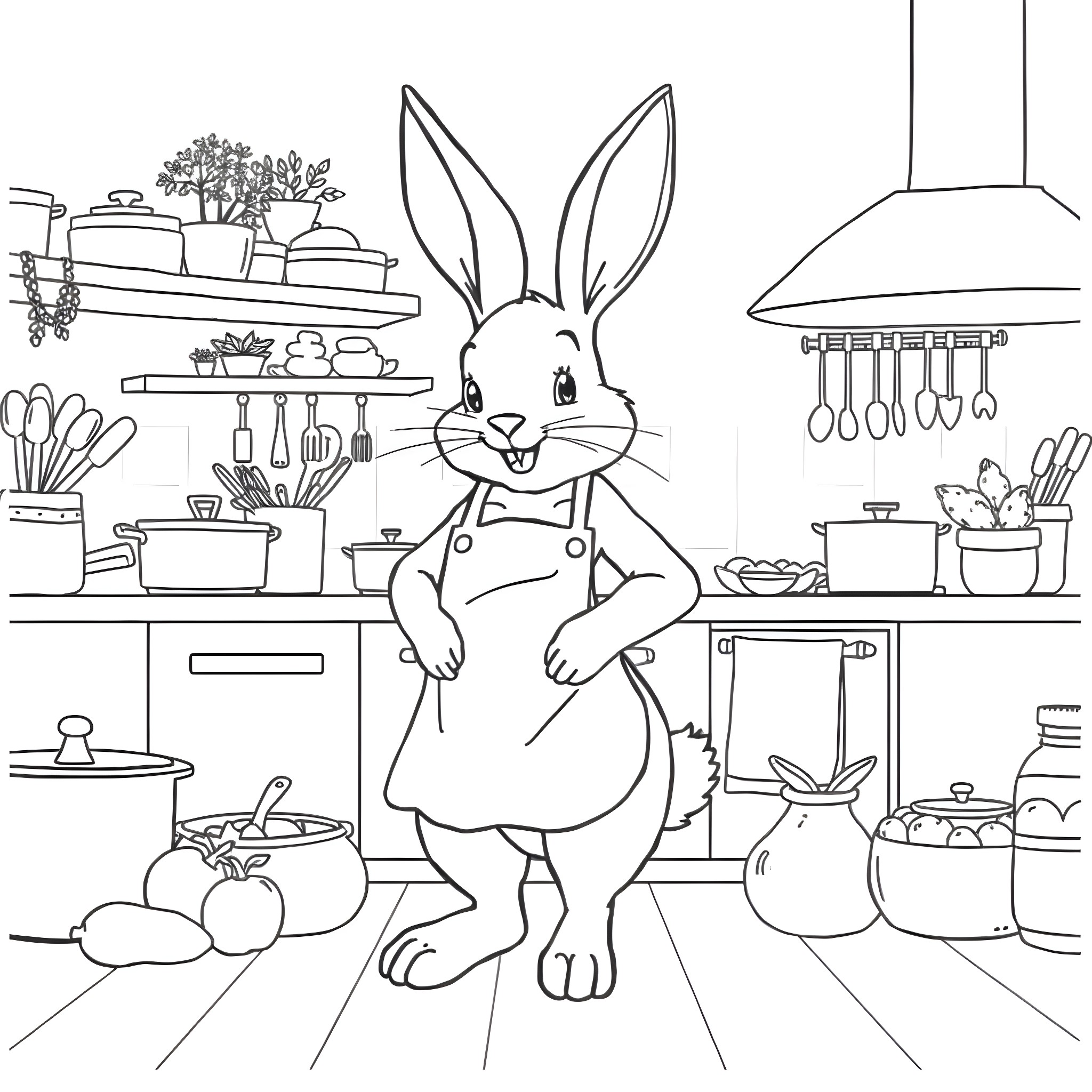Bunny cooking in a well-equipped kitchen Coloring Page (free black-and-white line drawing printable PDF for all, from beginners to advanced learners, including children, teens, adults, and seniors)