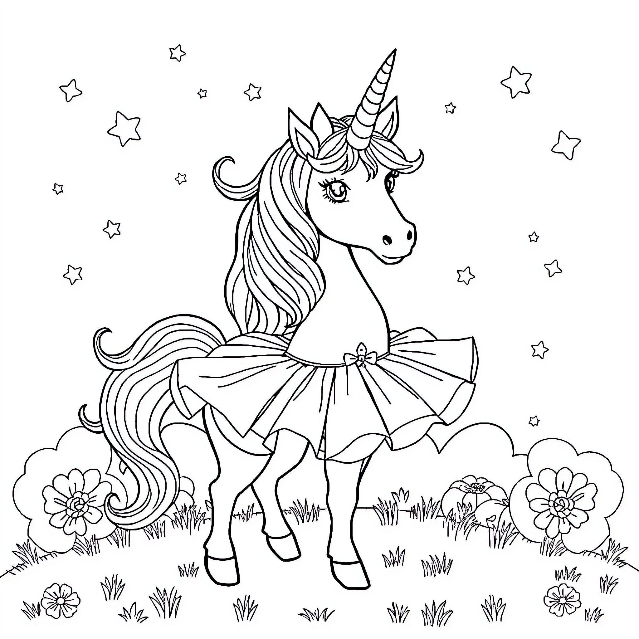 Unicorn wearing a dress dancing under the stars Coloring Page (free black-and-white line drawing printable PDF for all, from beginners to advanced learners, including children, teens, adults, and seniors)