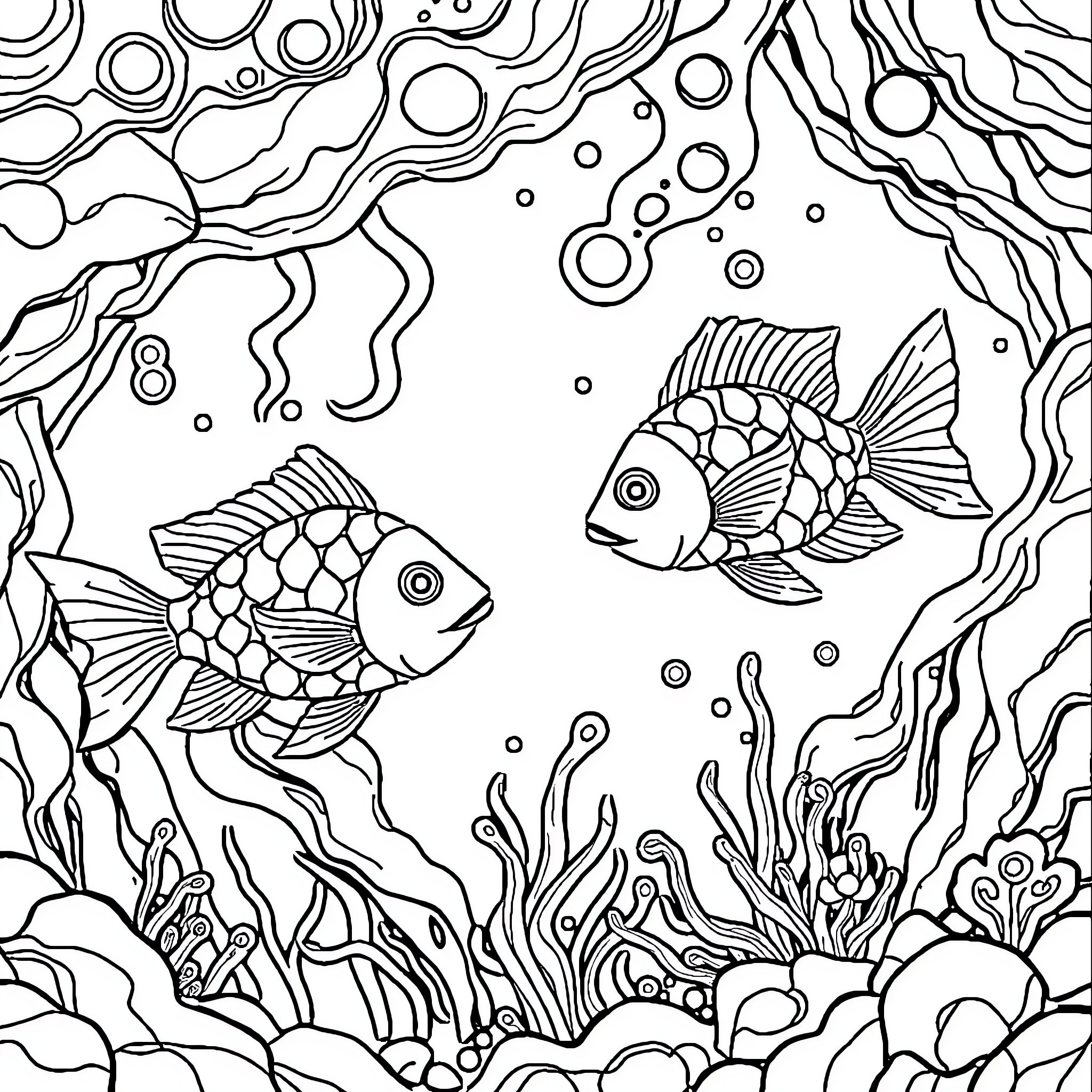 Fish swimming in an underwater scene Coloring Page (free black-and-white line drawing printable PDF for all, from beginners to advanced learners, including children, teens, adults, and seniors)
