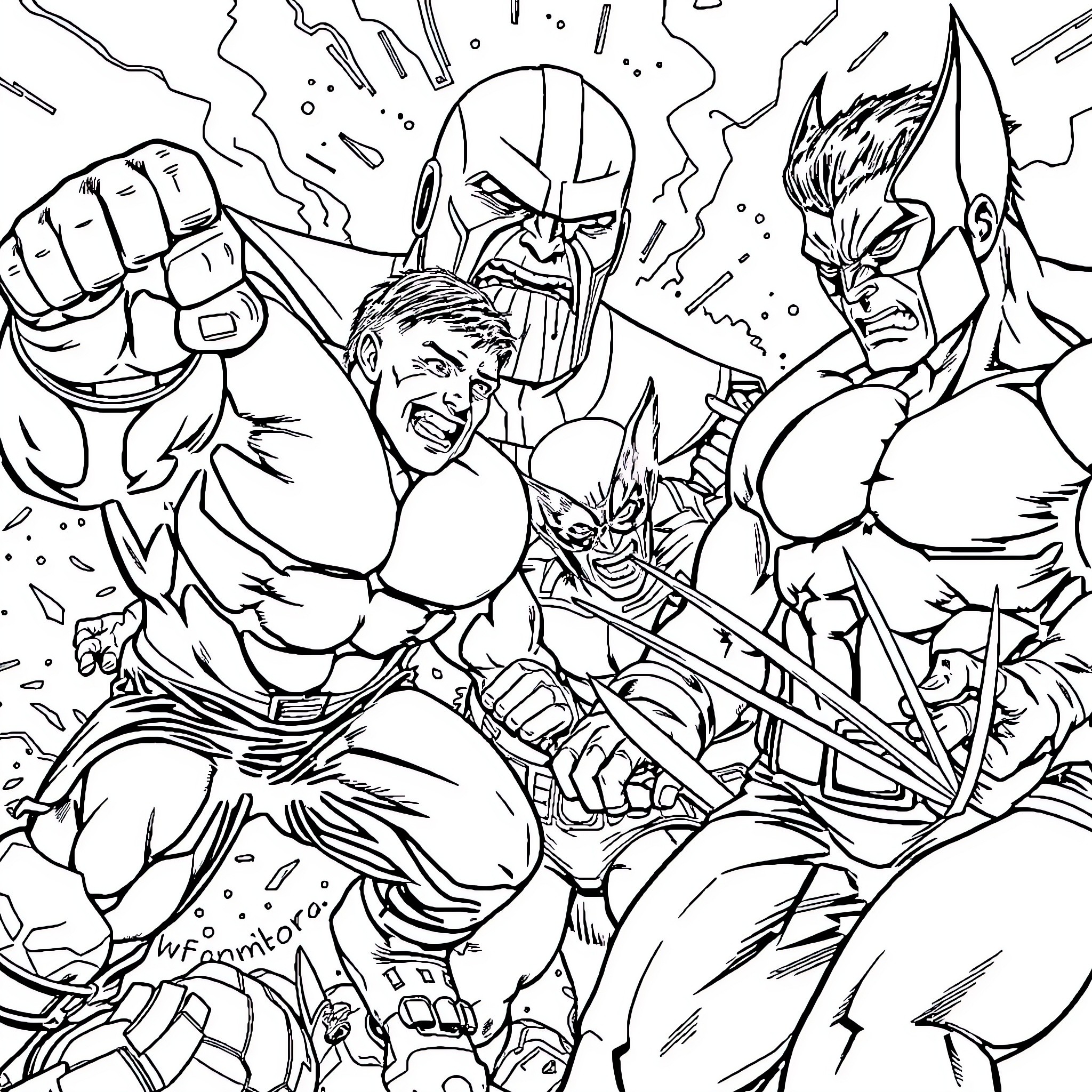 Hulk engaging in fierce battle with powerful foes Coloring Page (free black-and-white line drawing printable PDF for all, from beginners to advanced learners, including children, teens, adults, and seniors)