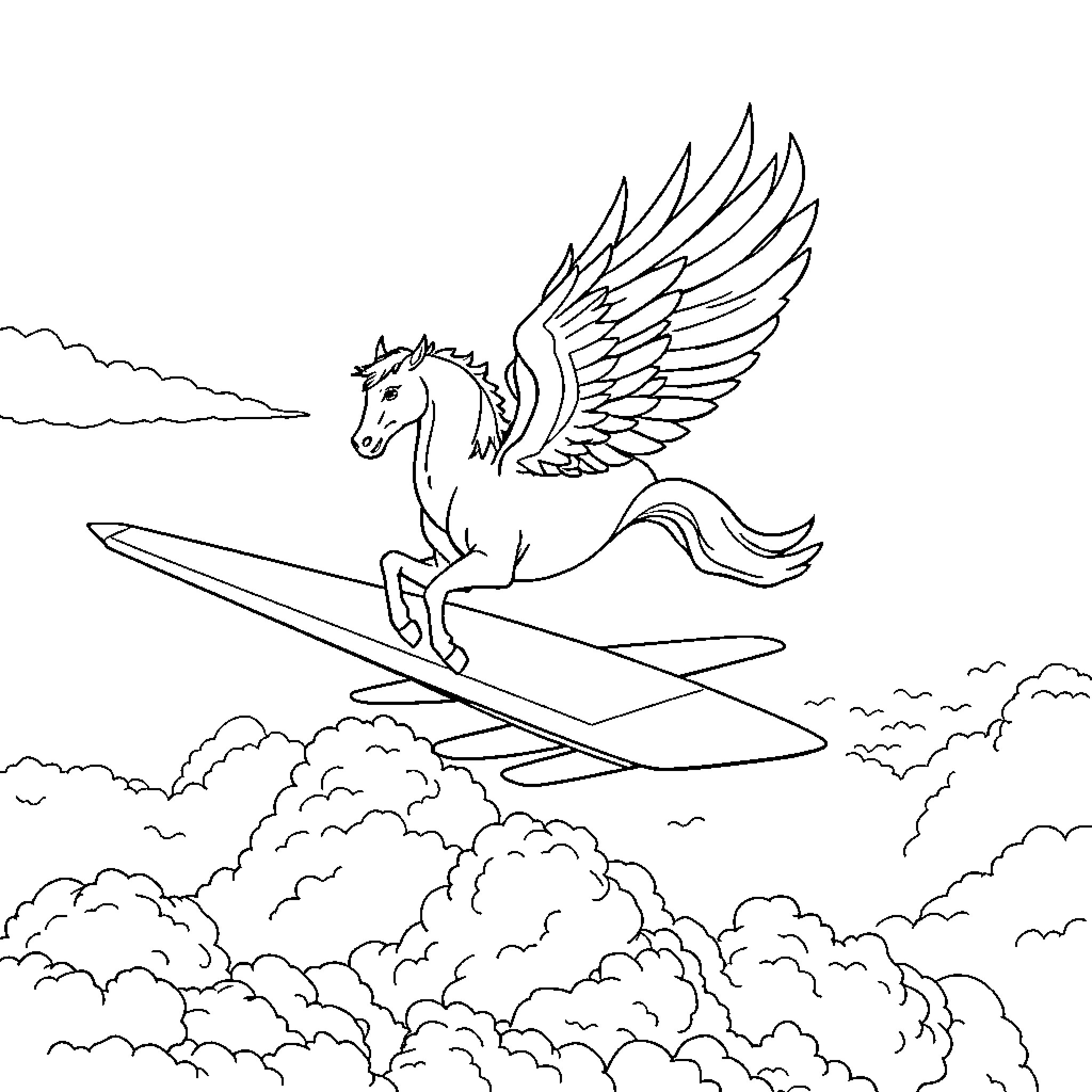Pegasus soaring through the cloudy skies Coloring Page (free black-and-white line drawing printable PDF for all, from beginners to advanced learners, including children, teens, adults, and seniors)