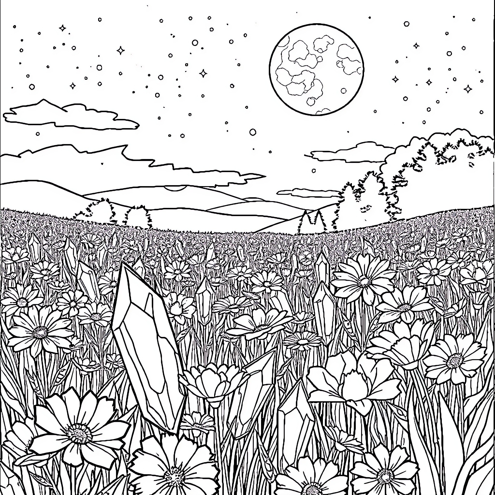 Crystal Meadow Under the Starry Night Sky Coloring Page (free black-and-white line drawing printable PDF for all, from beginners to advanced learners, including children, teens, adults, and seniors)