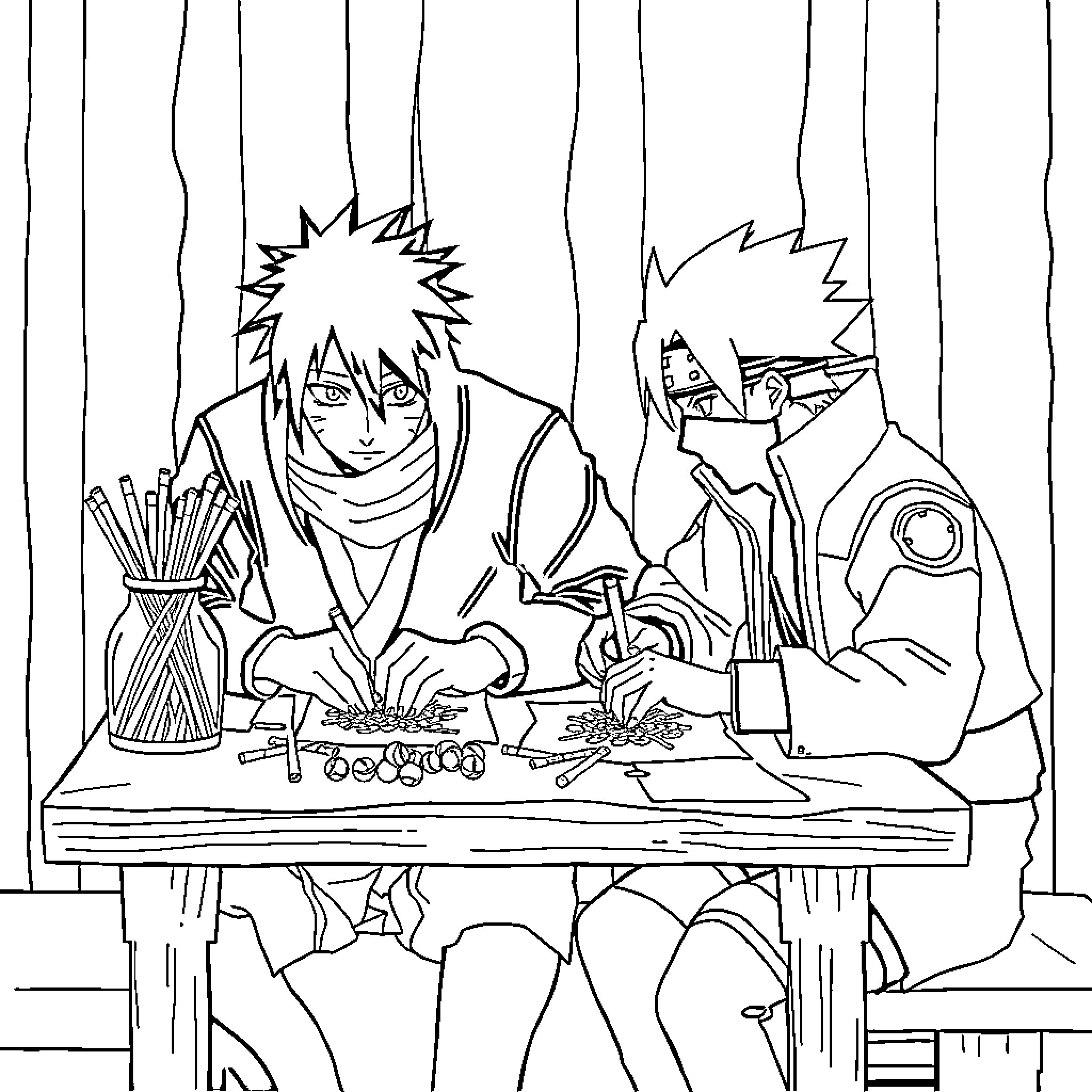 Kakashi and Naruto Studying and Working Together Coloring Page (free black-and-white line drawing printable PDF for all, from beginners to advanced learners, including children, teens, adults, and seniors)
