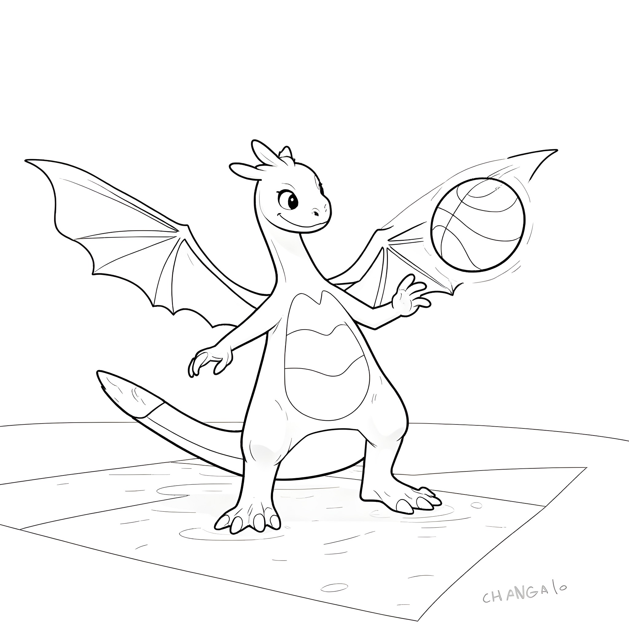 Charizard Playing with a Ball Coloring Page (free black-and-white line drawing printable PDF for all, from beginners to advanced learners, including children, teens, adults, and seniors)