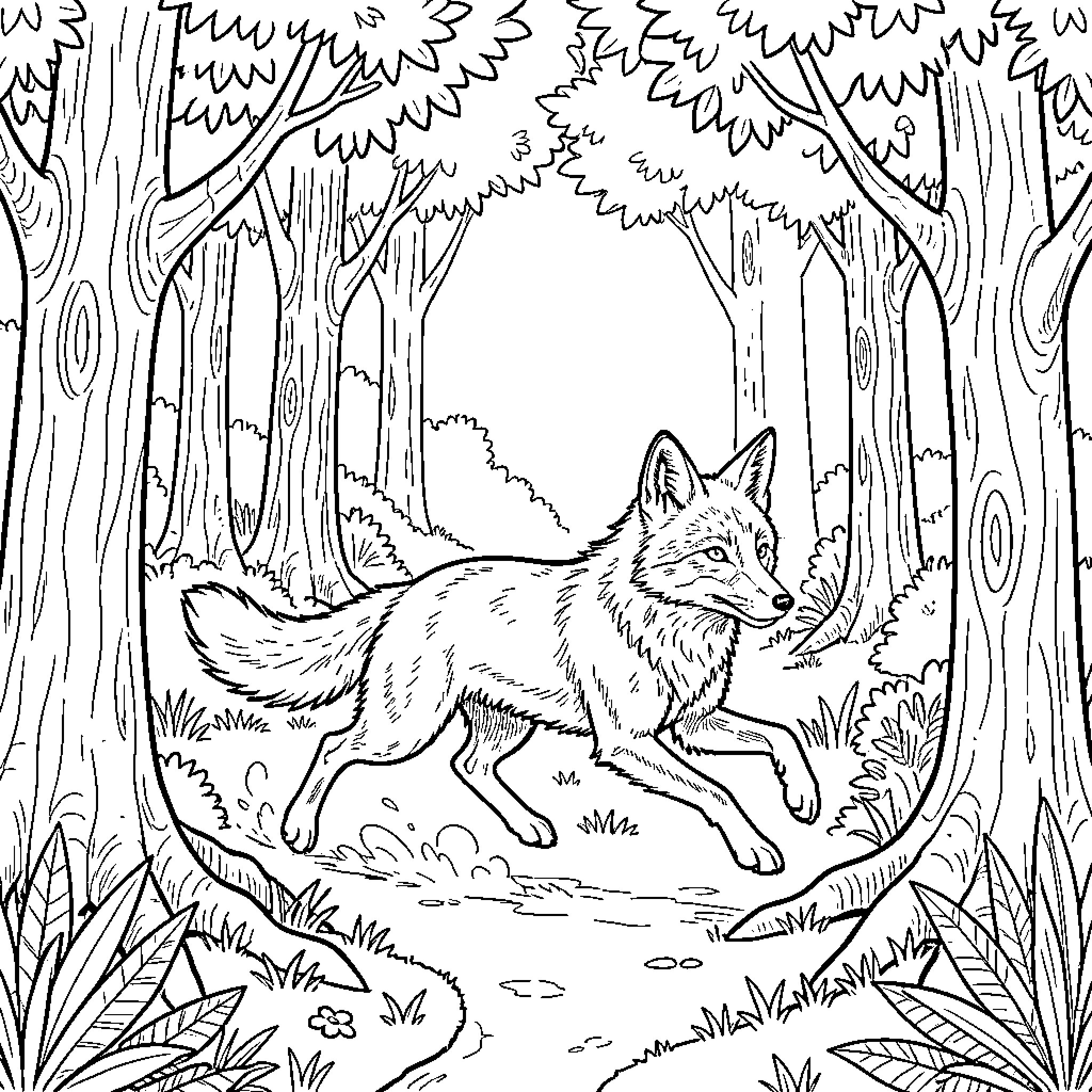 Zorro the Vigilante Fox in the Enchanted Forest Coloring Page (free black-and-white line drawing printable PDF for all, from beginners to advanced learners, including children, teens, adults, and seniors)