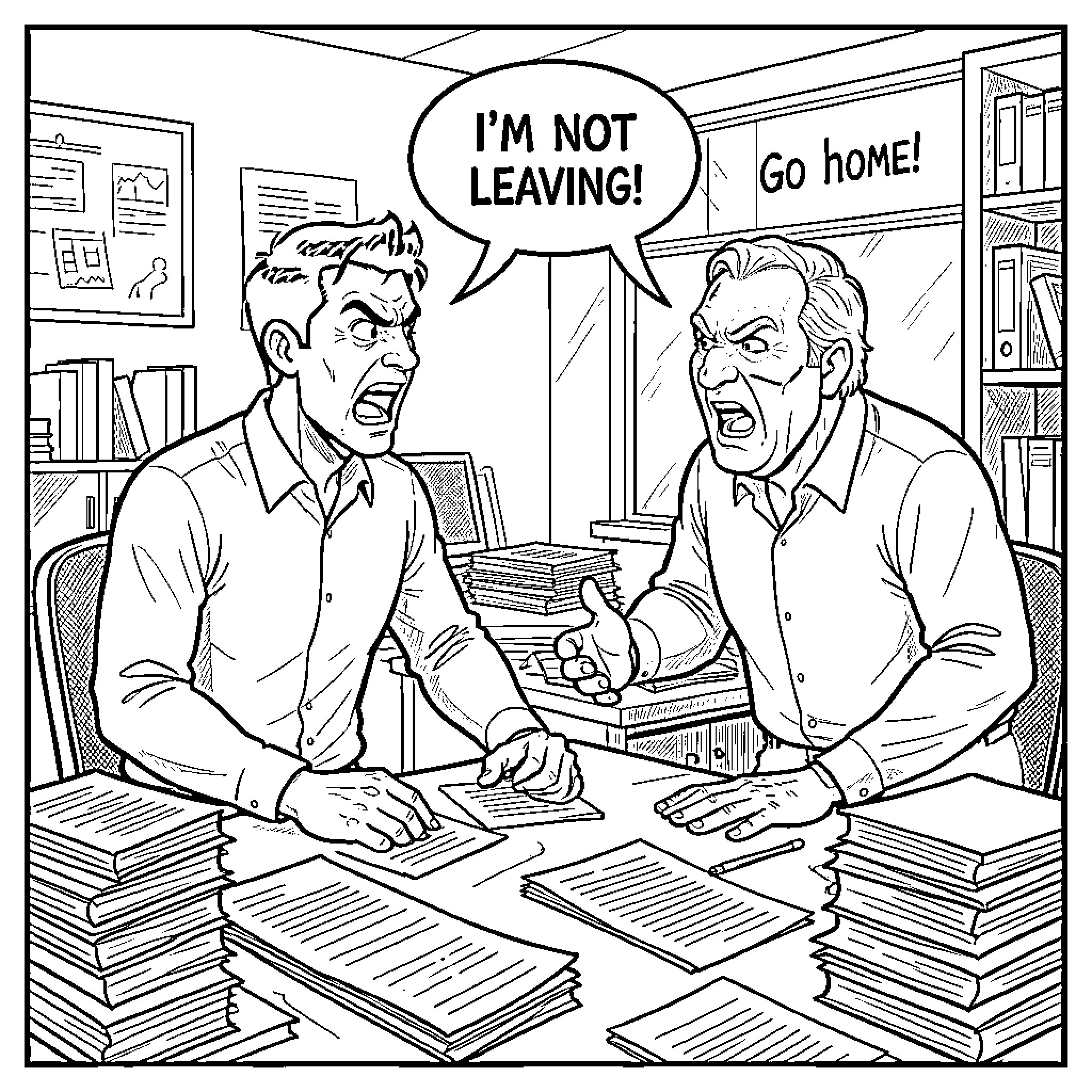 Man Refusing to Leave Argument Over Work Coloring Page (free black-and-white line drawing printable PDF for all, from beginners to advanced learners, including children, teens, adults, and seniors)