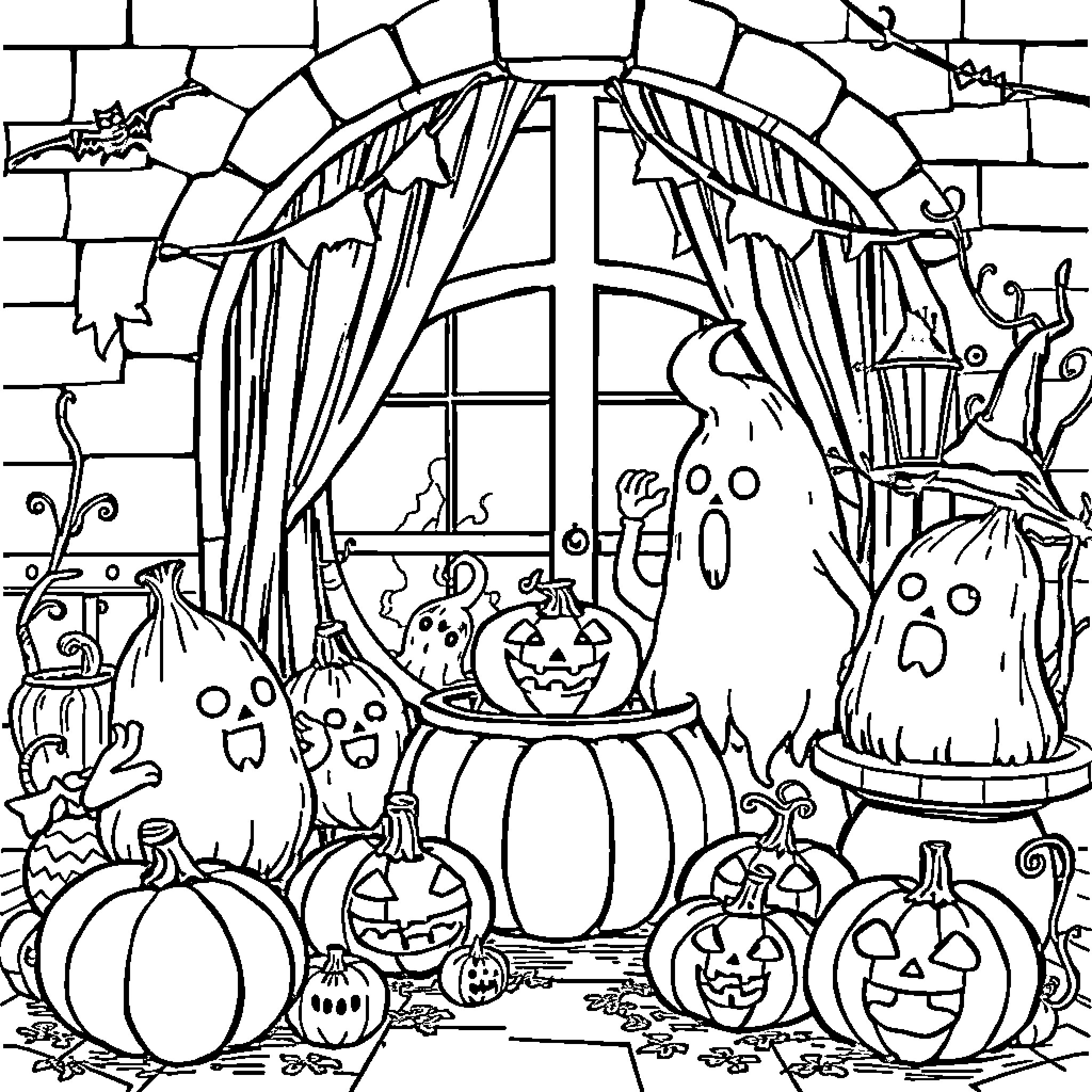 Halloween-themed scene with pumpkins, ghosts, and a window Coloring Page (free black-and-white line drawing printable PDF for all, from beginners to advanced learners, including children, teens, adults, and seniors)