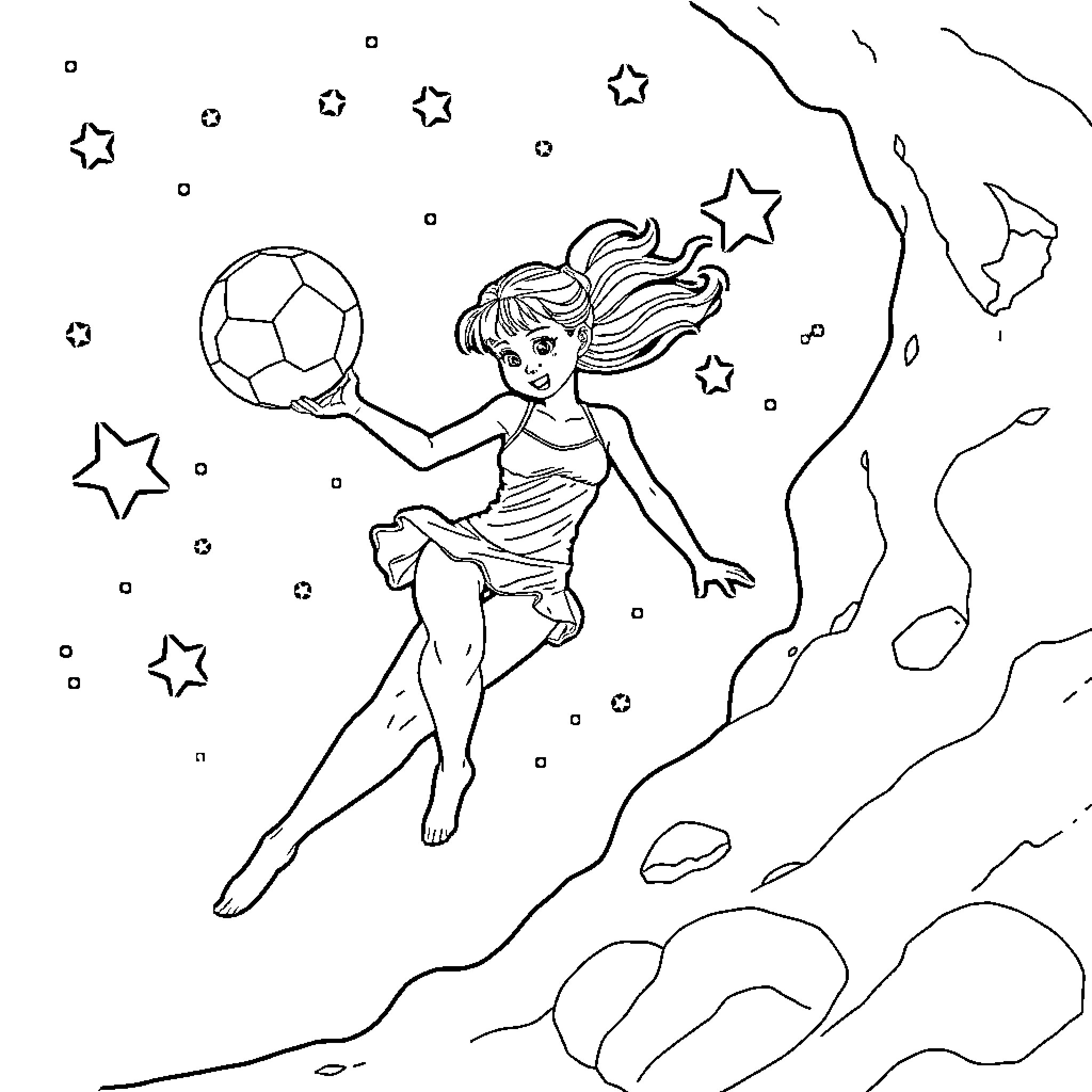 Girl playing with soccer ball among the stars Coloring Page (free black-and-white line drawing printable PDF for all, from beginners to advanced learners, including children, teens, adults, and seniors)