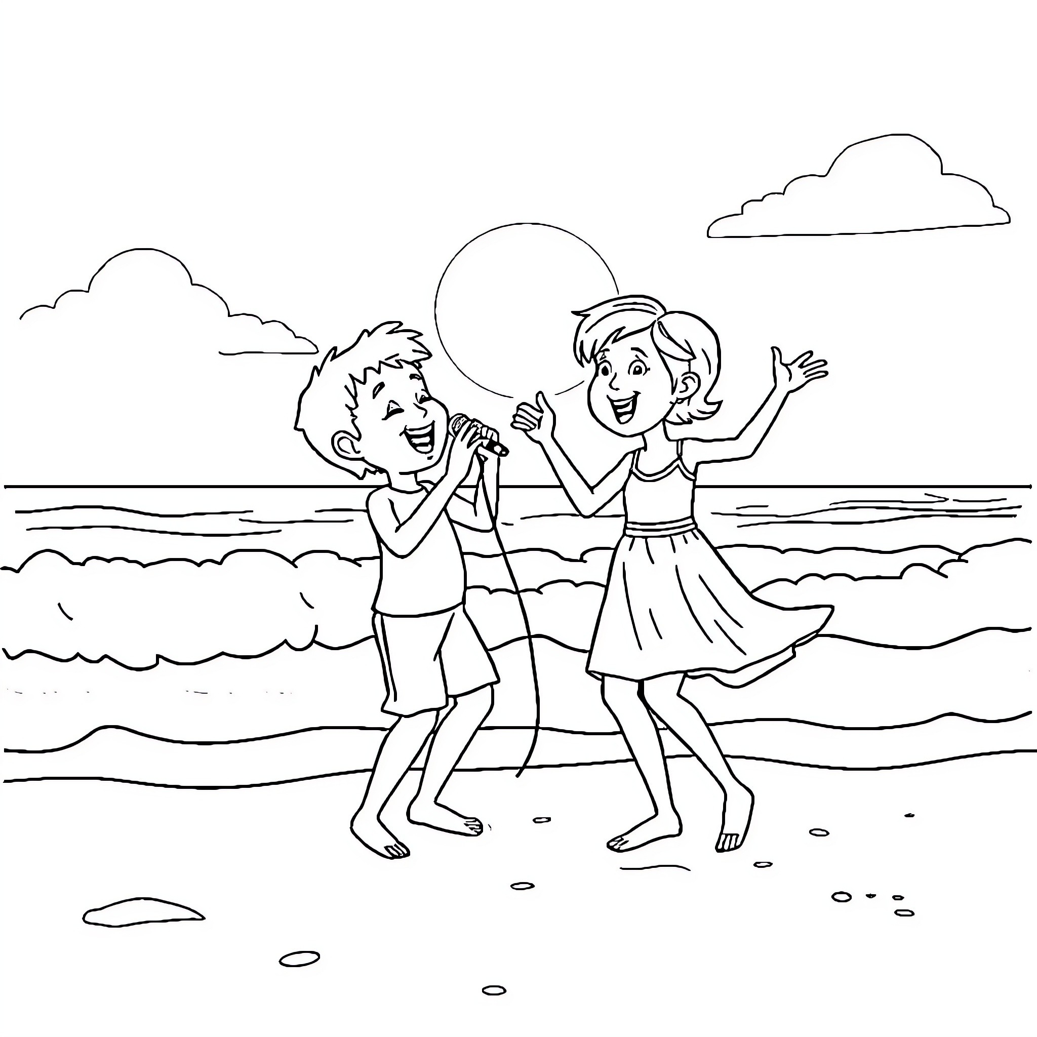 K3 Friends Playing in the Beach Coloring Page (free black-and-white line drawing printable PDF for all, from beginners to advanced learners, including children, teens, adults, and seniors)