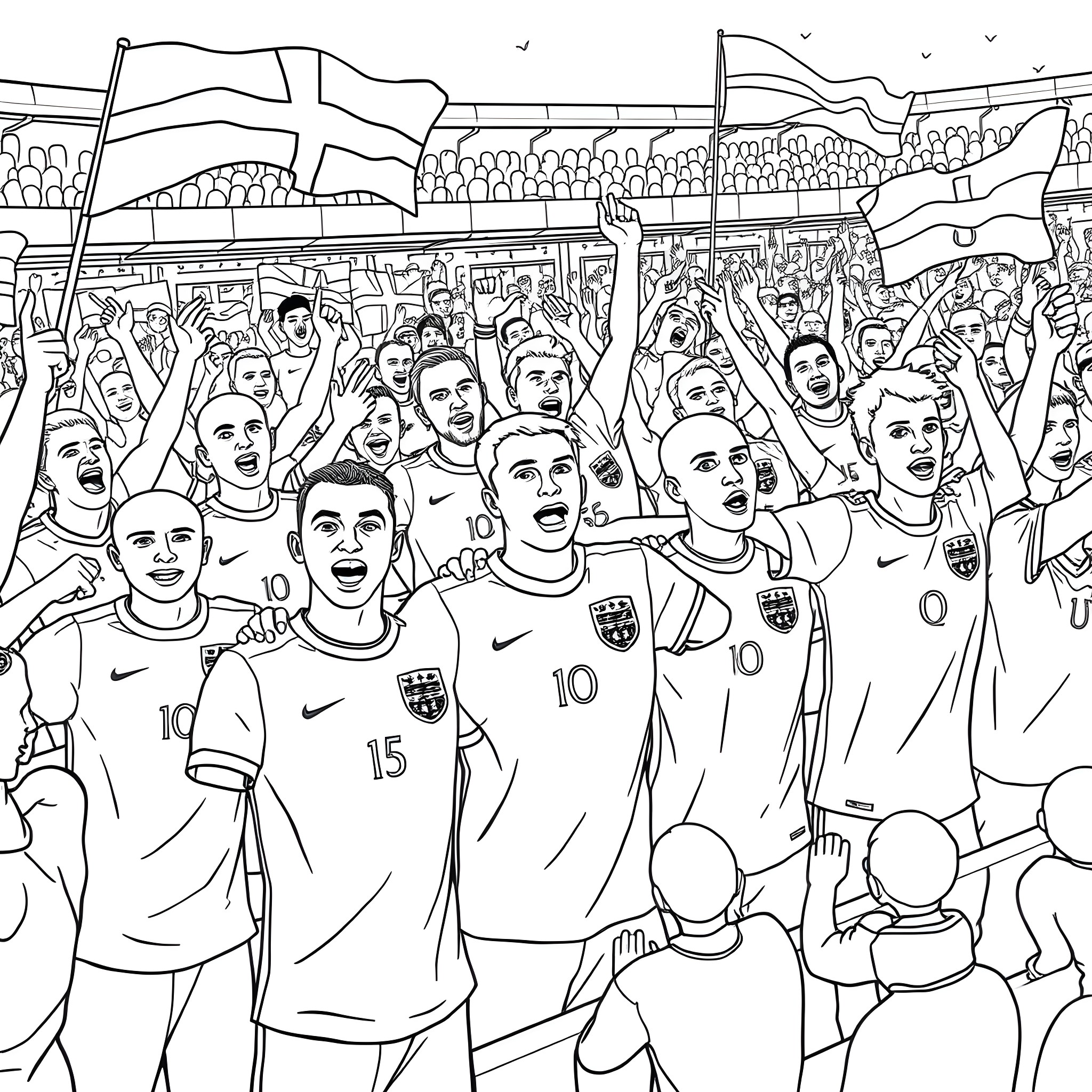 Football Shirt Players Celebrating in Crowd Coloring Page (free black-and-white line drawing printable PDF for all, from beginners to advanced learners, including children, teens, adults, and seniors)