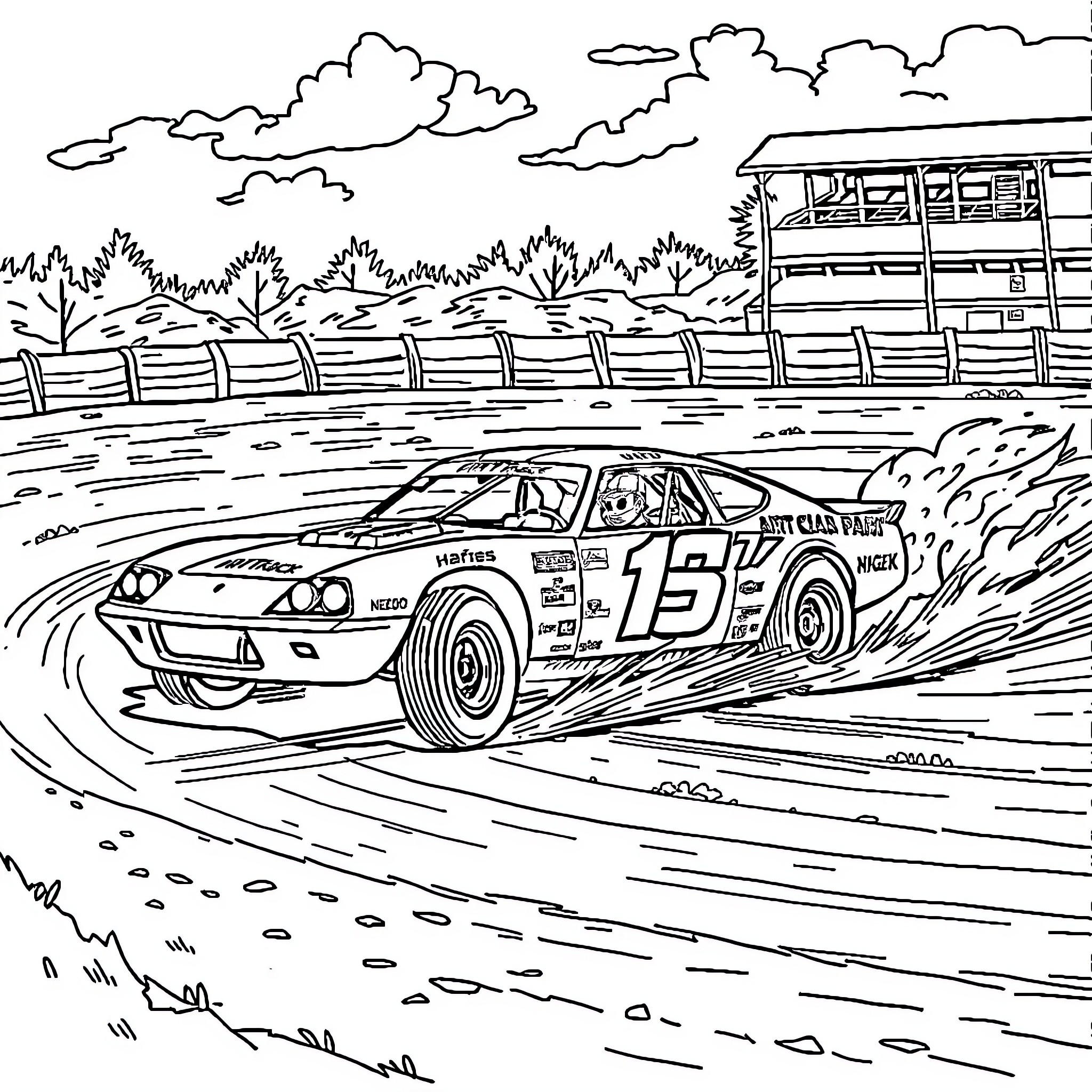 Race Car Speeding on Dirt Track in Rural Landscape Coloring Page (free black-and-white line drawing printable PDF for all, from beginners to advanced learners, including children, teens, adults, and seniors)