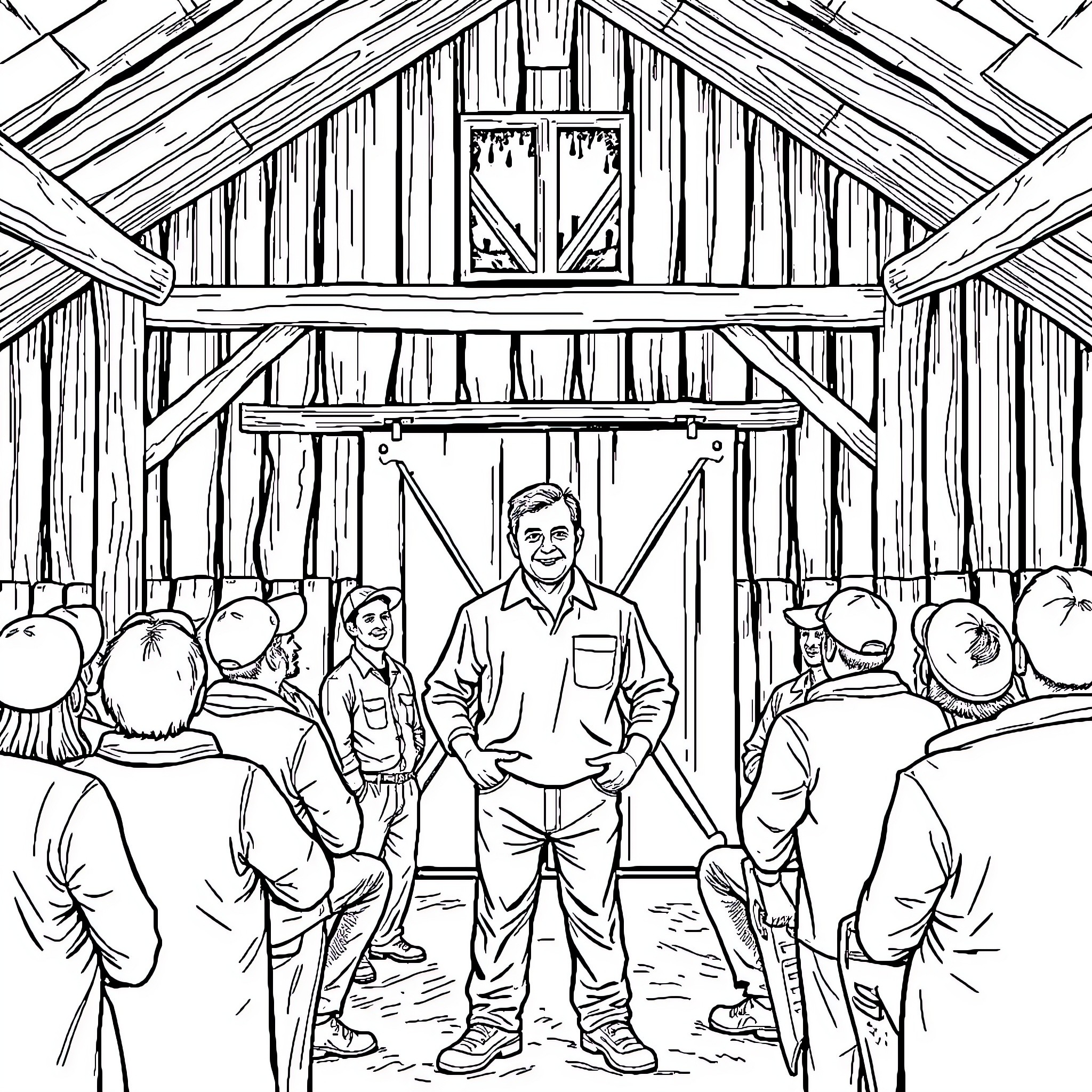 Rob Hinckle speaking to a group in a rustic barn Coloring Page (free black-and-white line drawing printable PDF for all, from beginners to advanced learners, including children, teens, adults, and seniors)