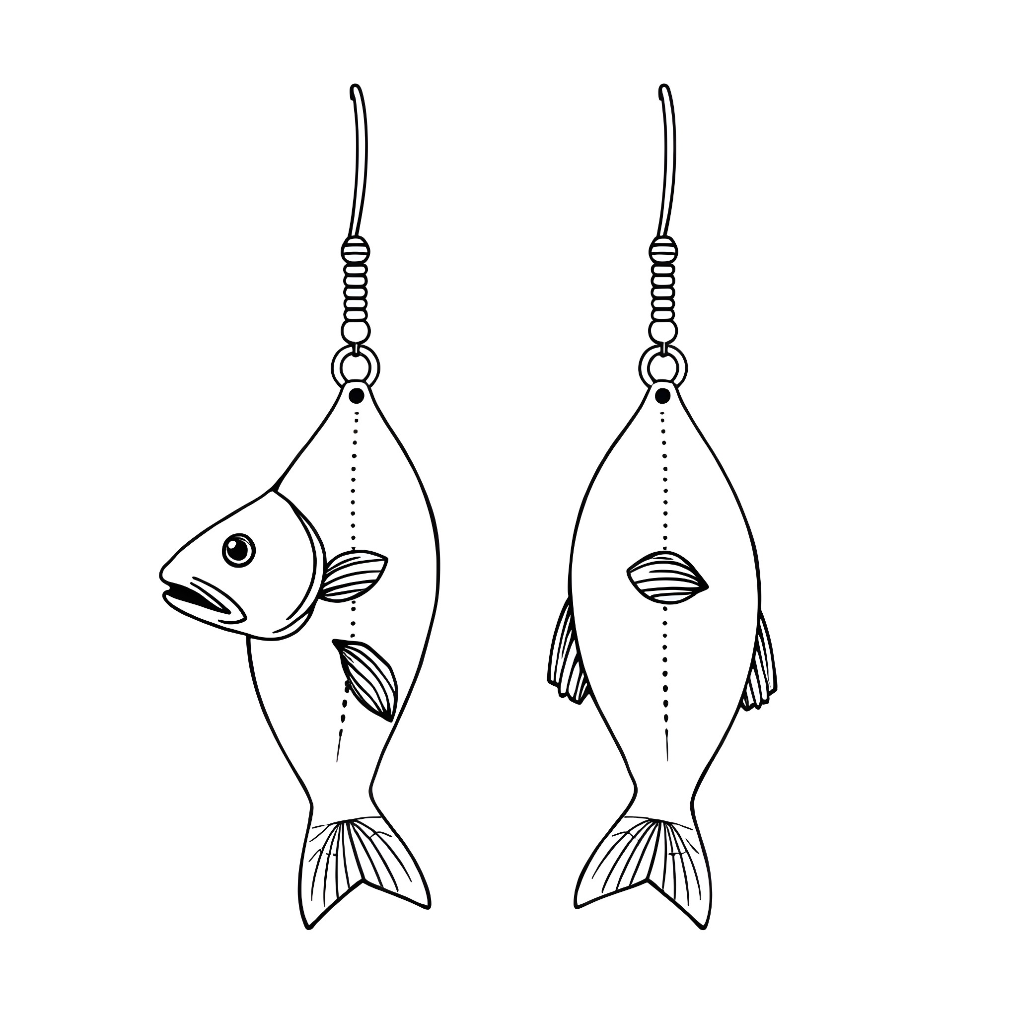Salmon fishing lures on hooks Coloring Page (free black-and-white line drawing printable PDF for all, from beginners to advanced learners, including children, teens, adults, and seniors)