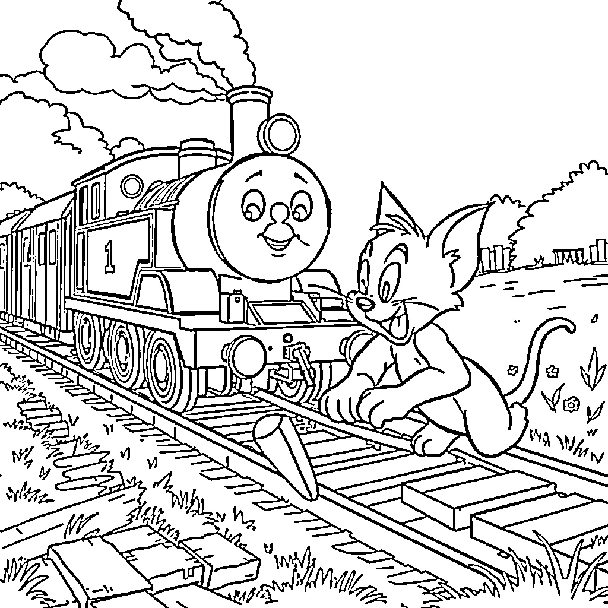 Tom and Jerry - Train Ride Adventure Coloring Page (free black-and-white line drawing printable PDF for all, from beginners to advanced learners, including children, teens, adults, and seniors)