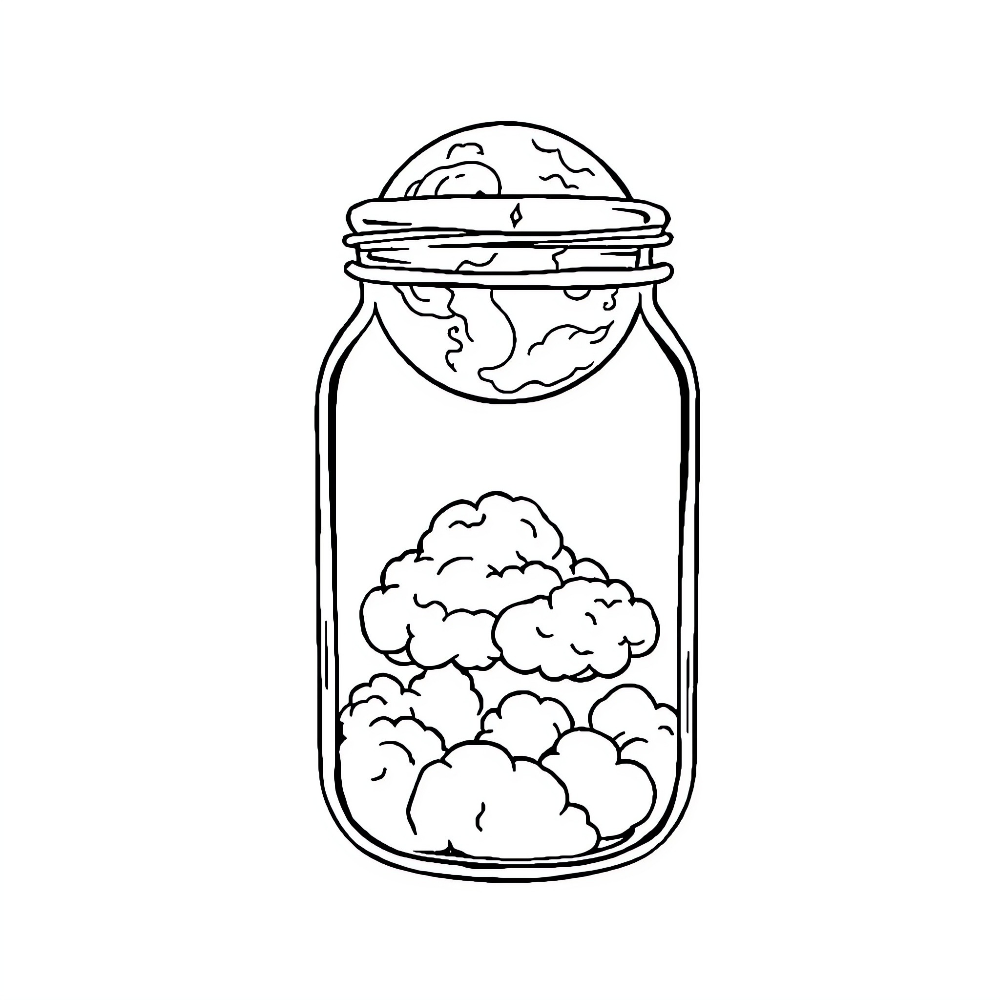 Jam Jar Containing Cloudy World Coloring Page (free black-and-white line drawing printable PDF for all, from beginners to advanced learners, including children, teens, adults, and seniors)