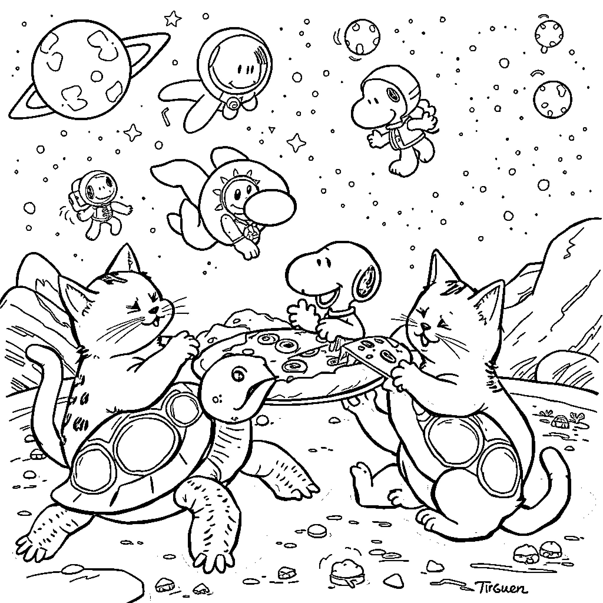 Cats and Space Creatures Playing Together Coloring Page (free black-and-white line drawing printable PDF for all, from beginners to advanced learners, including children, teens, adults, and seniors)