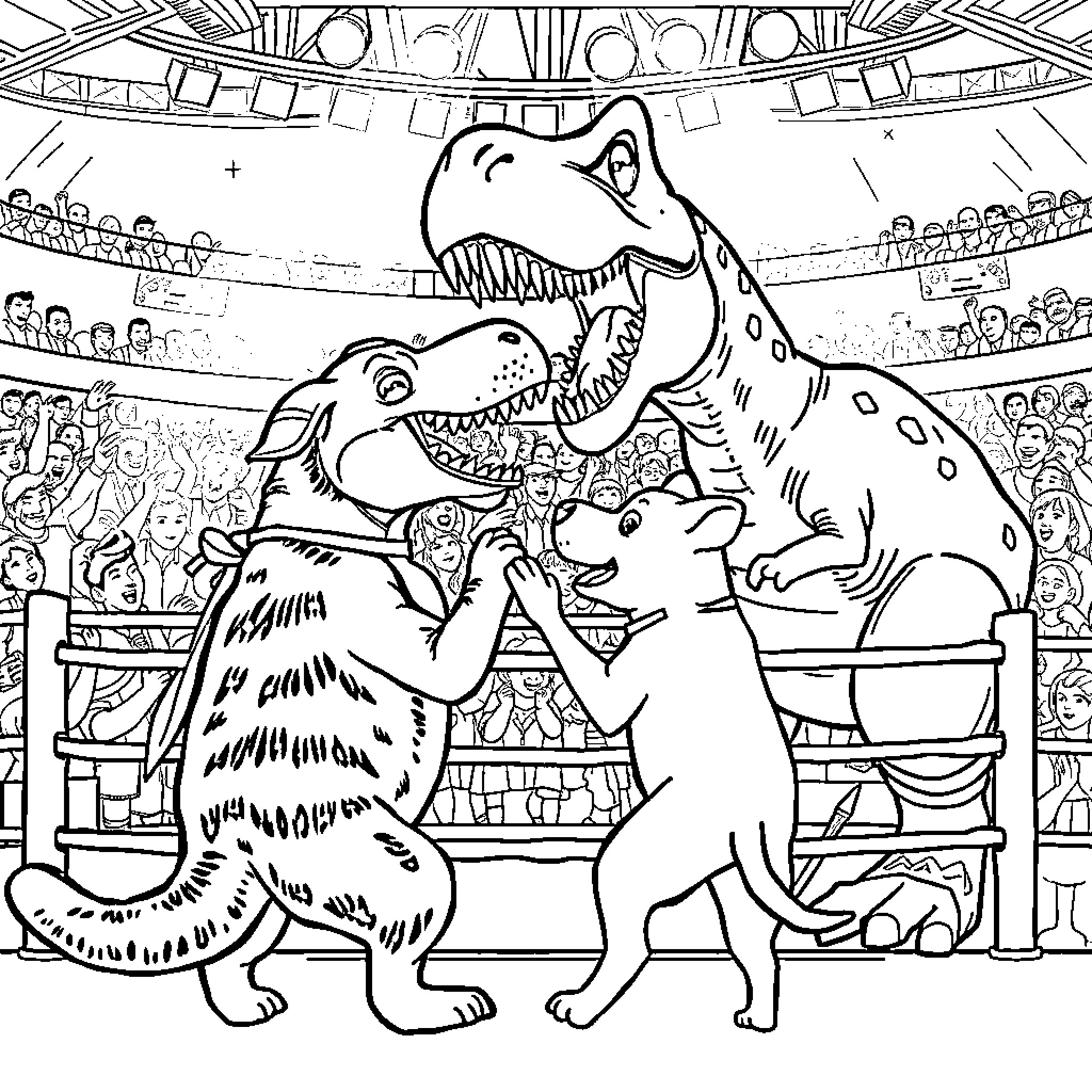 Dog dinosaurs fighting in a colosseum Coloring Page (free black-and-white line drawing printable PDF for all, from beginners to advanced learners, including children, teens, adults, and seniors)