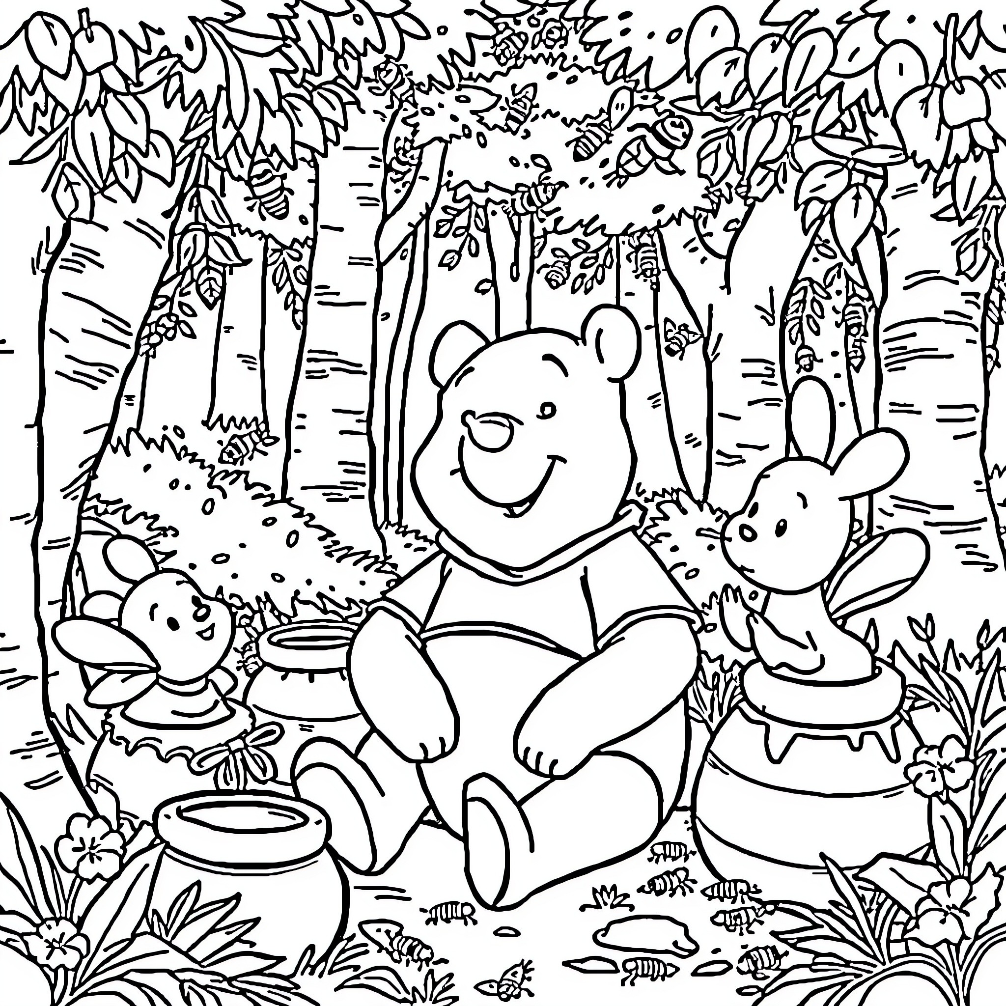 Winnie Pooh and Friends Enjoying Nature Coloring Page (free black-and-white line drawing printable PDF for all, from beginners to advanced learners, including children, teens, adults, and seniors)