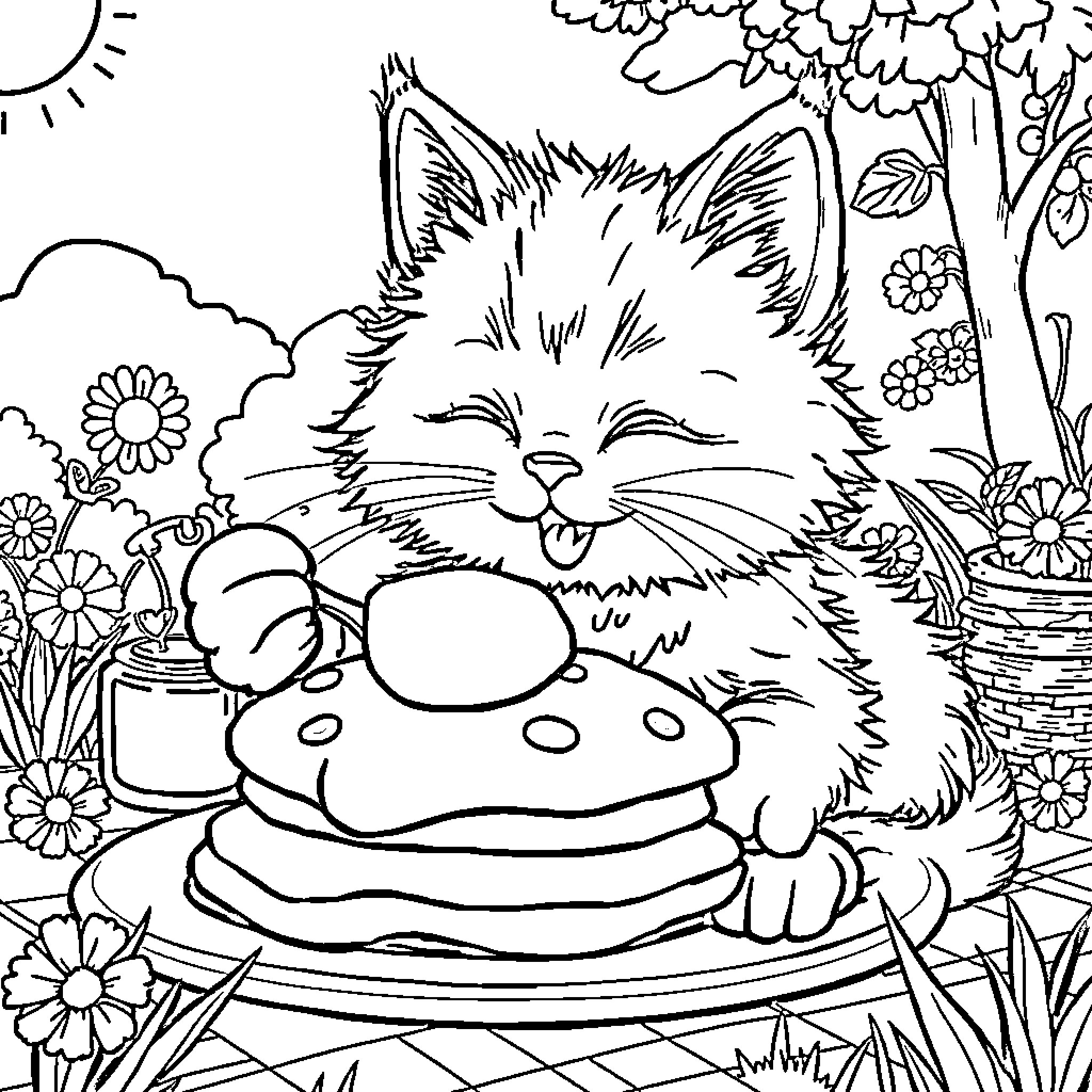 Kitty Enjoys a Delightful Pancake Breakfast Coloring Page (free black-and-white line drawing printable PDF for all, from beginners to advanced learners, including children, teens, adults, and seniors)