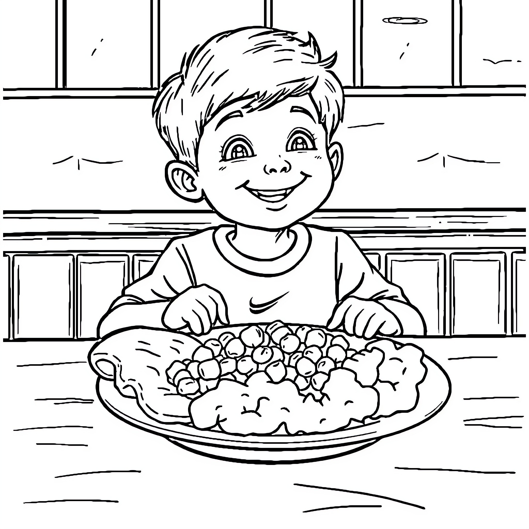 Boy enjoys a delicious meal at home Coloring Page (free black-and-white line drawing printable PDF for all, from beginners to advanced learners, including children, teens, adults, and seniors)