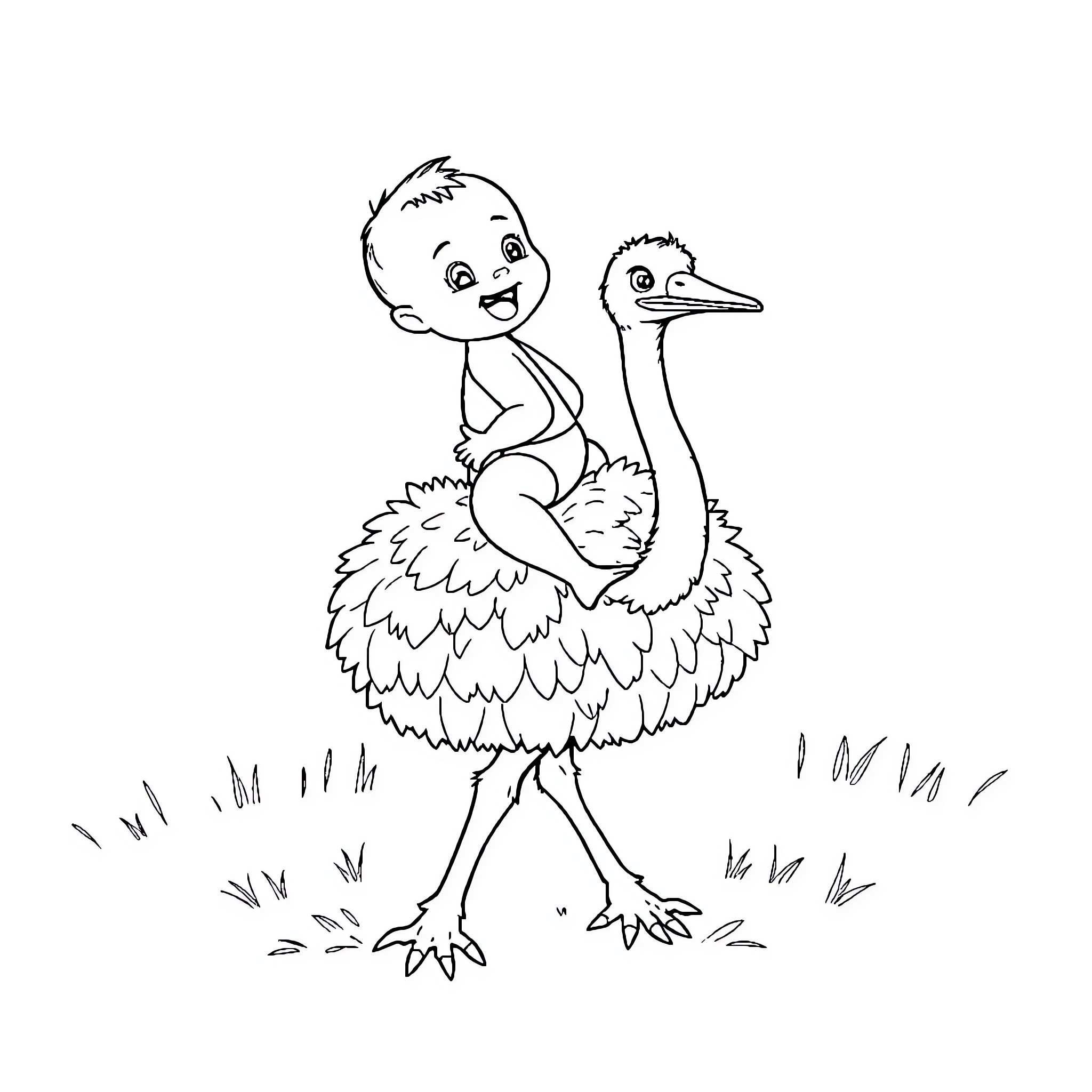 Baby Riding on Friendly Ostrich Coloring Page (free black-and-white line drawing printable PDF for all, from beginners to advanced learners, including children, teens, adults, and seniors)