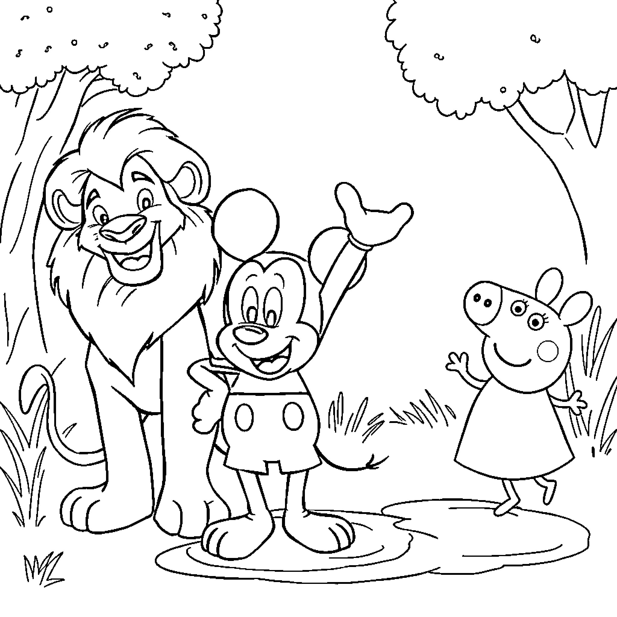 Simba and Friends in the Enchanted Forest Coloring Page (free black-and-white line drawing printable PDF for all, from beginners to advanced learners, including children, teens, adults, and seniors)
