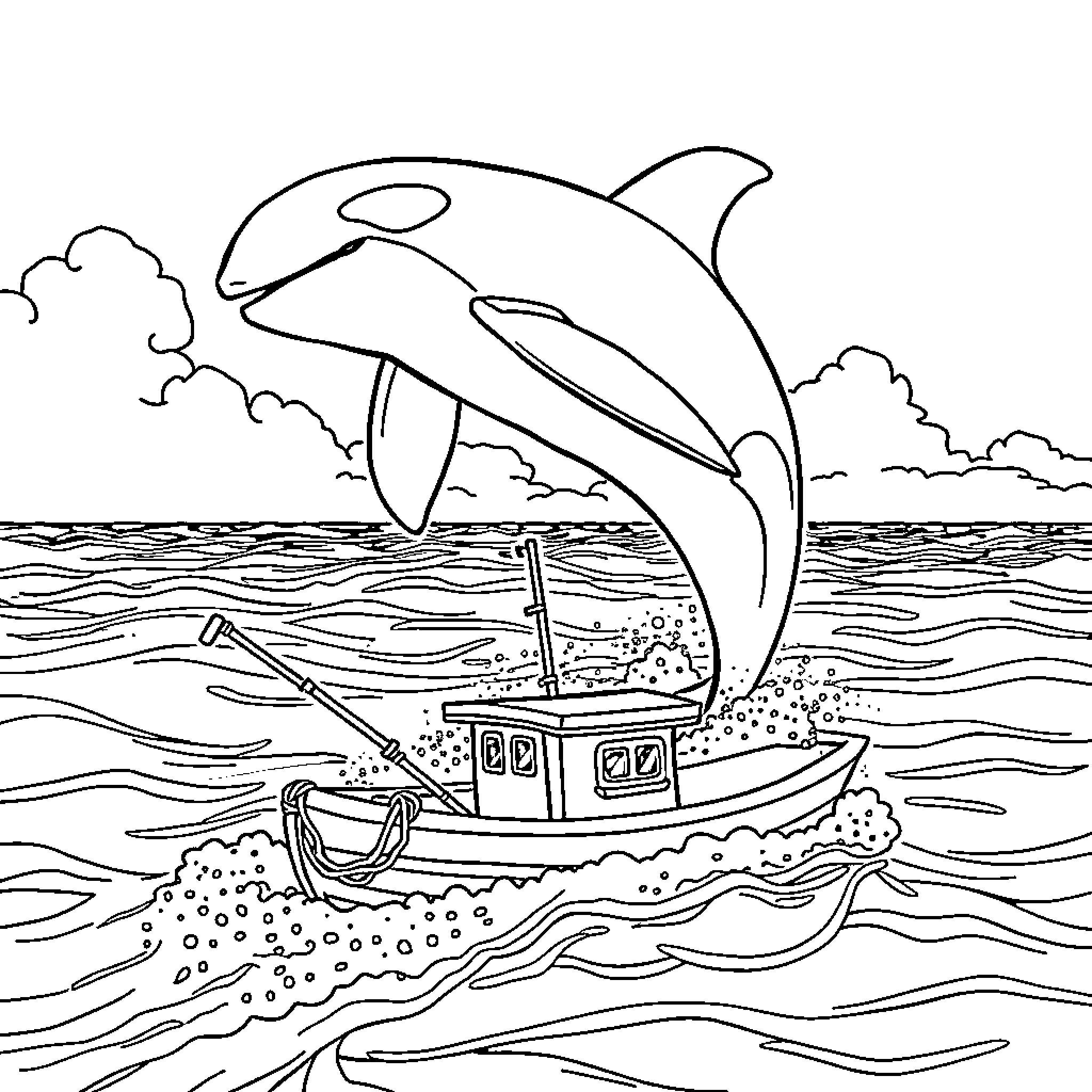 Orca leaping over fishing boat in the ocean Coloring Page (free black-and-white line drawing printable PDF for all, from beginners to advanced learners, including children, teens, adults, and seniors)