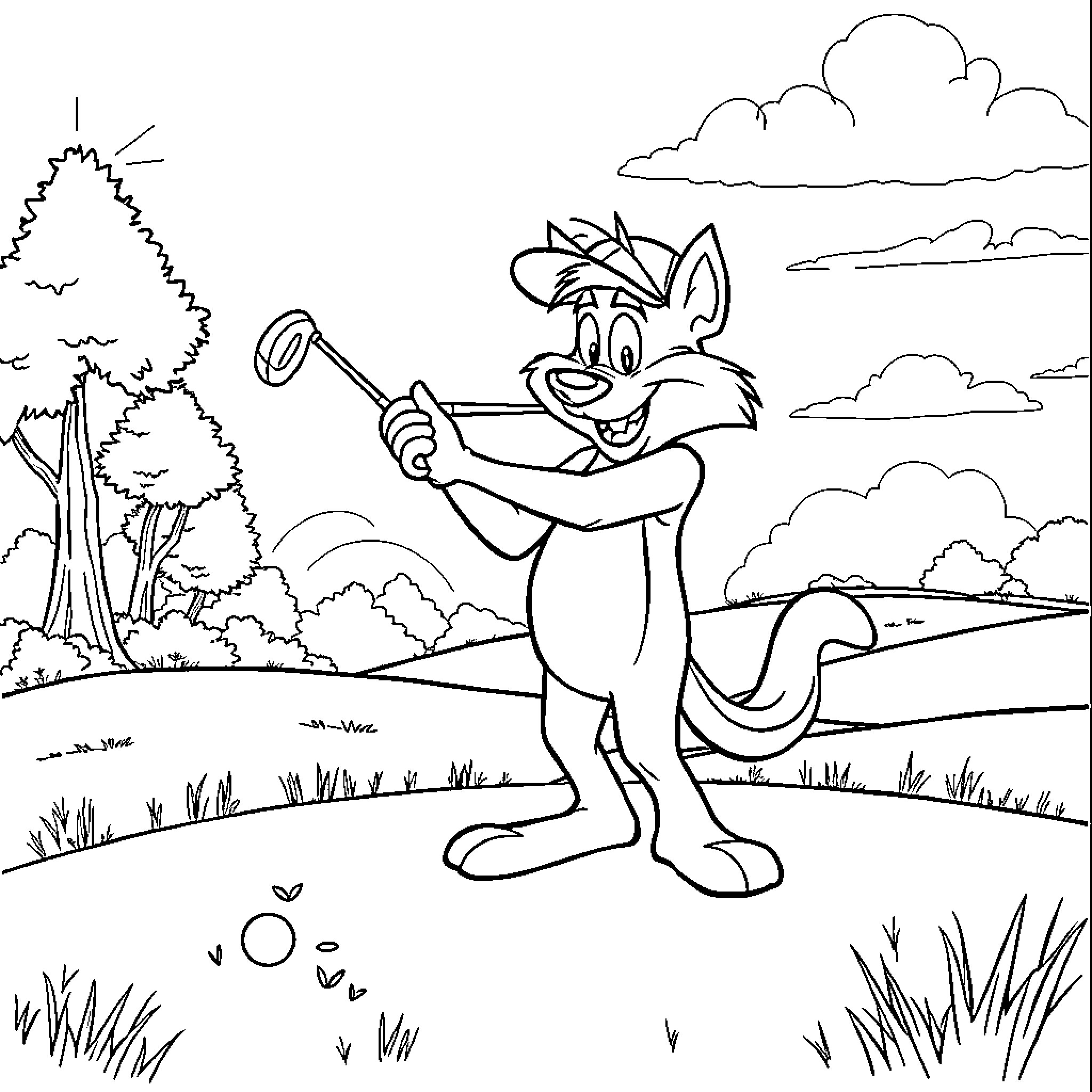 Taz enjoying a nature stroll with magnifying glass Coloring Page (free black-and-white line drawing printable PDF for all, from beginners to advanced learners, including children, teens, adults, and seniors)
