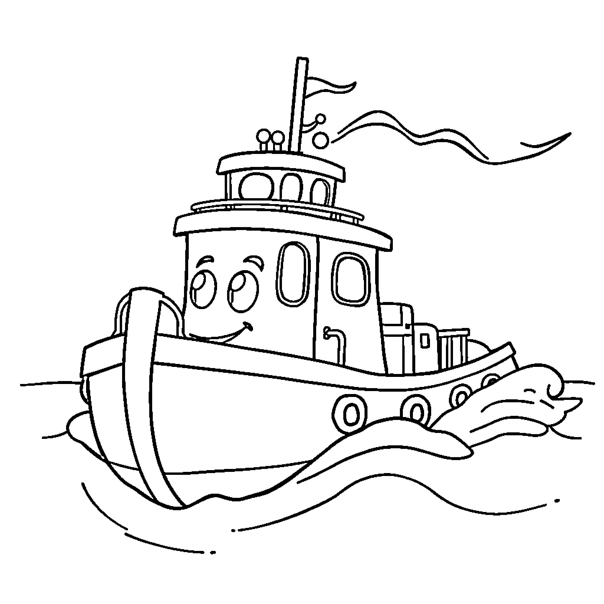 Tugboat sailing on the open waters Coloring Page (free black-and-white line drawing printable PDF for all, from beginners to advanced learners, including children, teens, adults, and seniors)