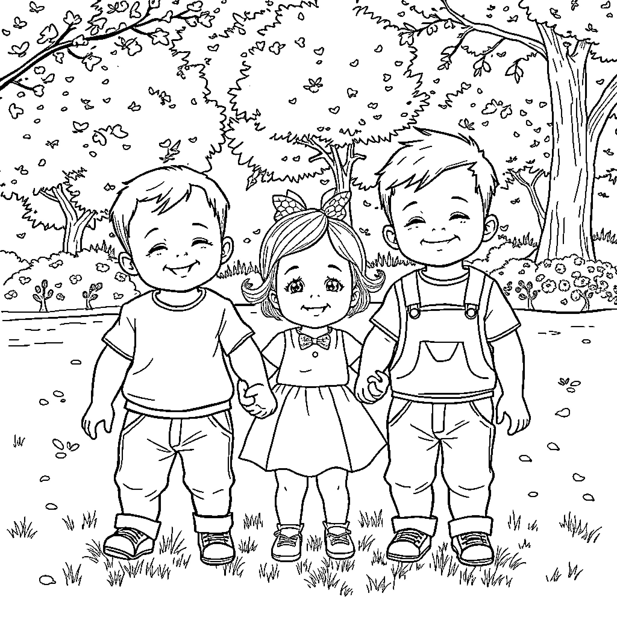 Child friends explore nature together happily Coloring Page (free black-and-white line drawing printable PDF for all, from beginners to advanced learners, including children, teens, adults, and seniors)