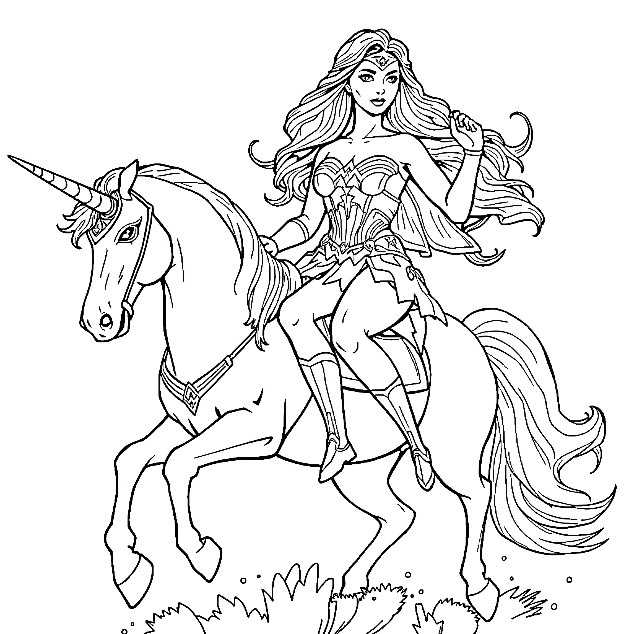 Wonder Woman riding a majestic unicorn in action Coloring Page (free black-and-white line drawing printable PDF for all, from beginners to advanced learners, including children, teens, adults, and seniors)