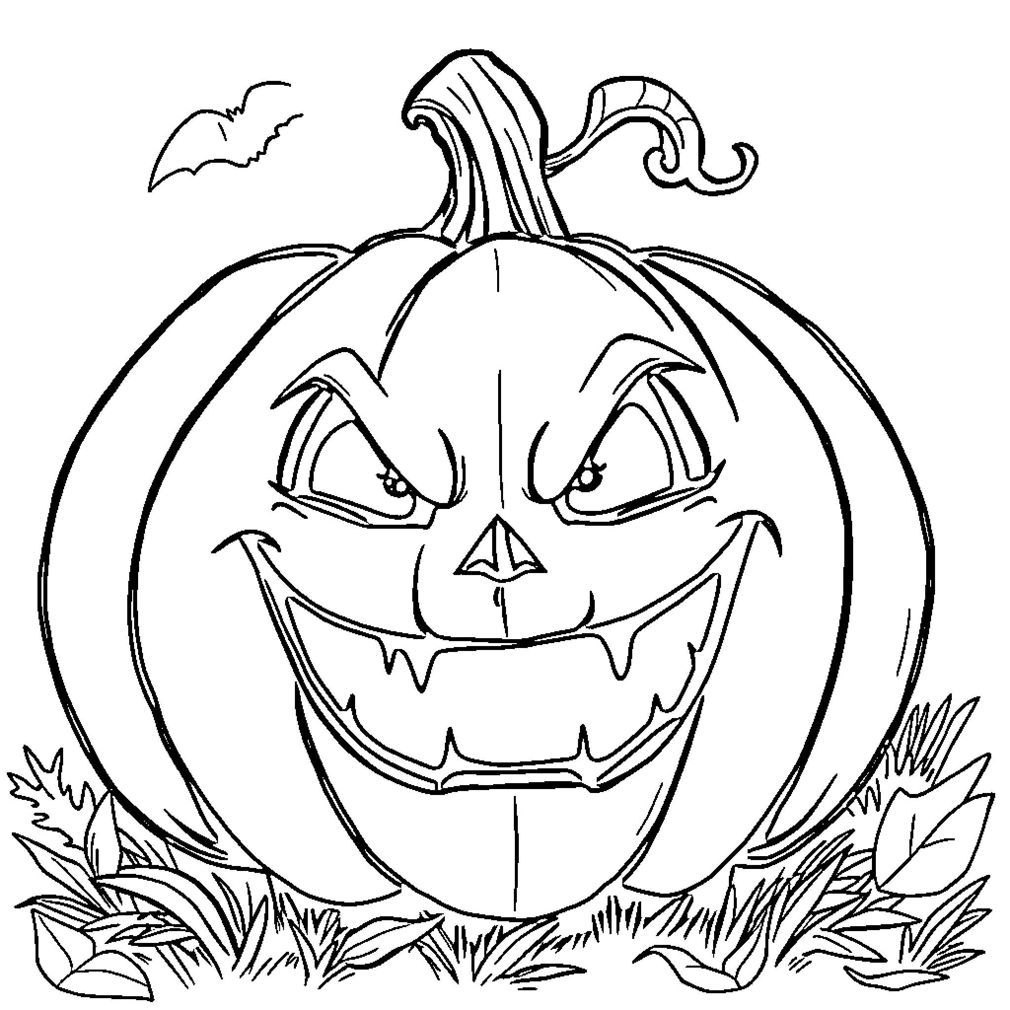 Pumpkin with Spooky Grinning Expression and Bat Coloring Page (free black-and-white line drawing printable PDF for all, from beginners to advanced learners, including children, teens, adults, and seniors)