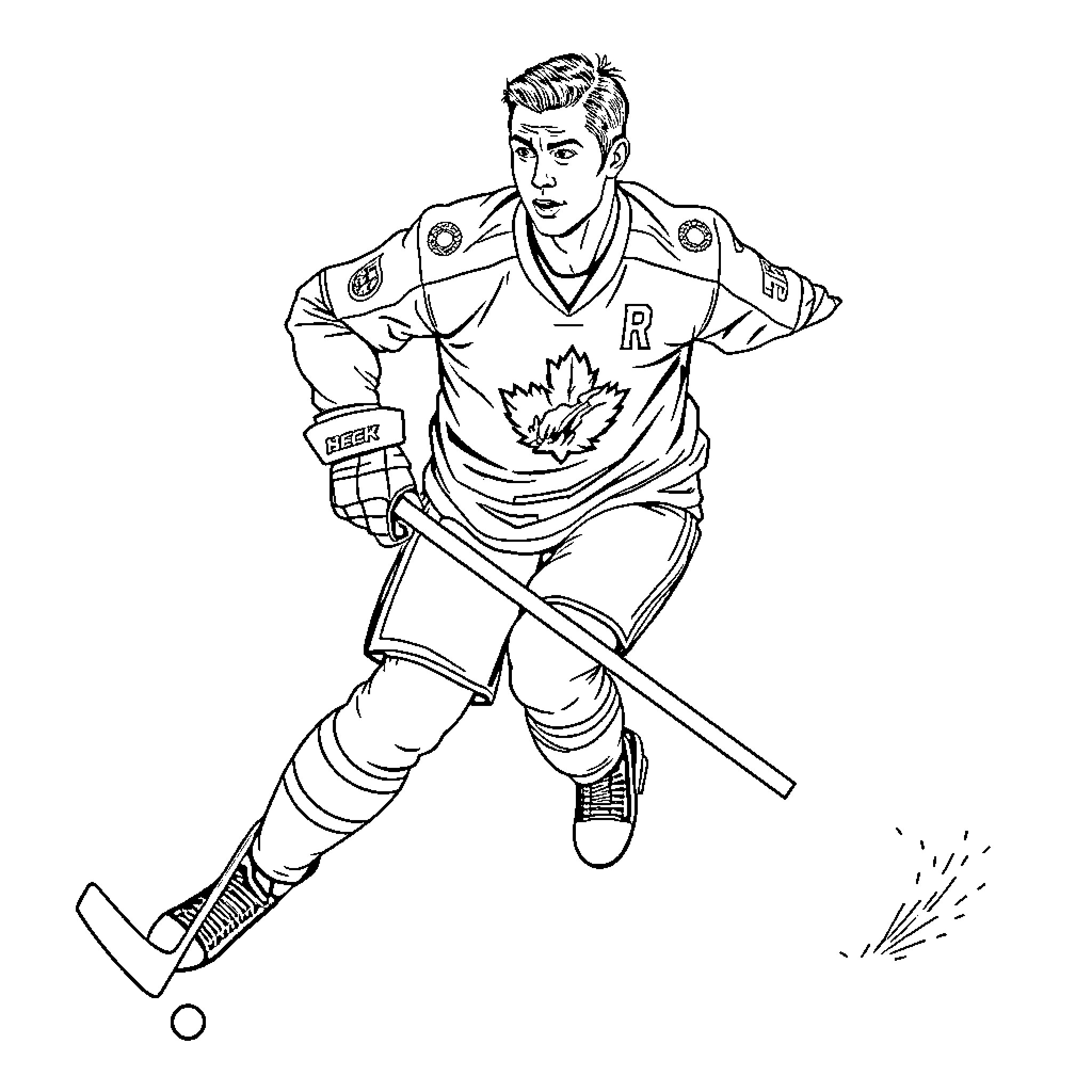 Ronaldo playing hockey in uniform Coloring Page (free black-and-white line drawing printable PDF for all, from beginners to advanced learners, including children, teens, adults, and seniors)