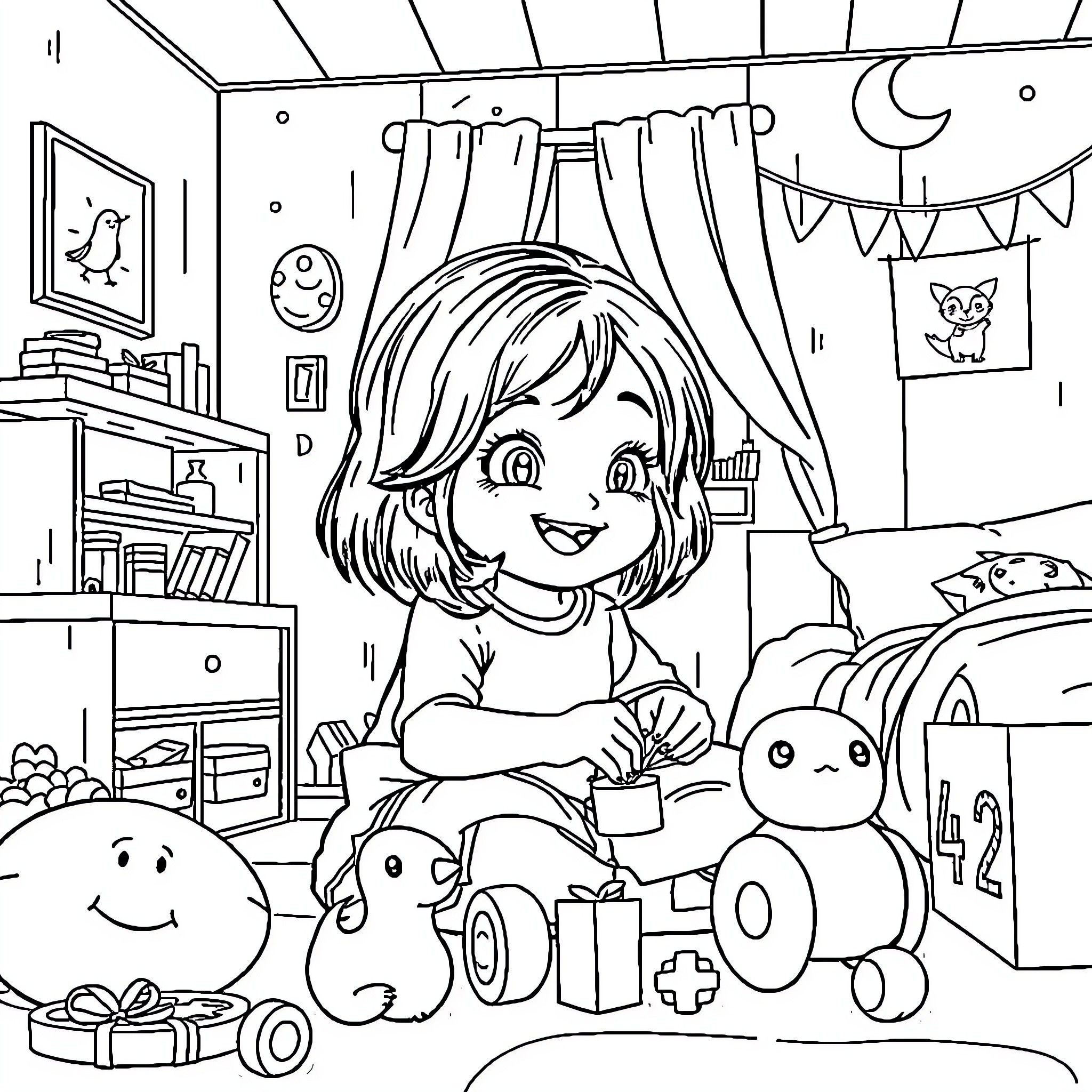 Raven playing happily with toys in her bedroom Coloring Page (free black-and-white line drawing printable PDF for all, from beginners to advanced learners, including children, teens, adults, and seniors)