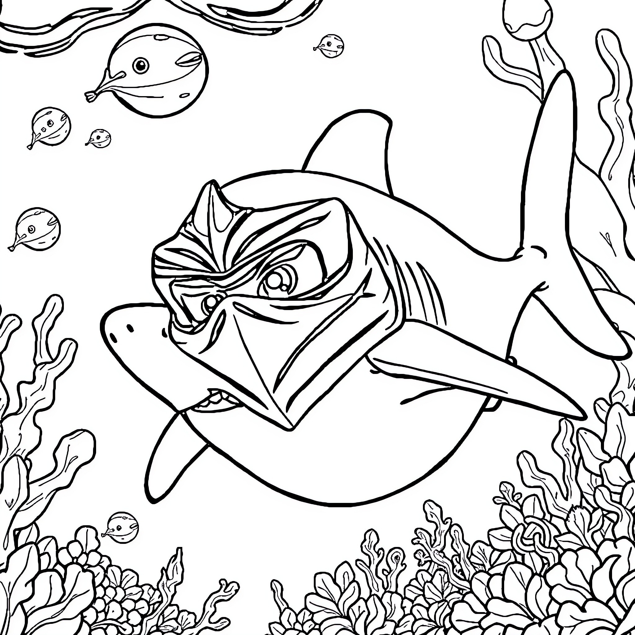 Shark hunting underwater with marine life Coloring Page (free black-and-white line drawing printable PDF for all, from beginners to advanced learners, including children, teens, adults, and seniors)