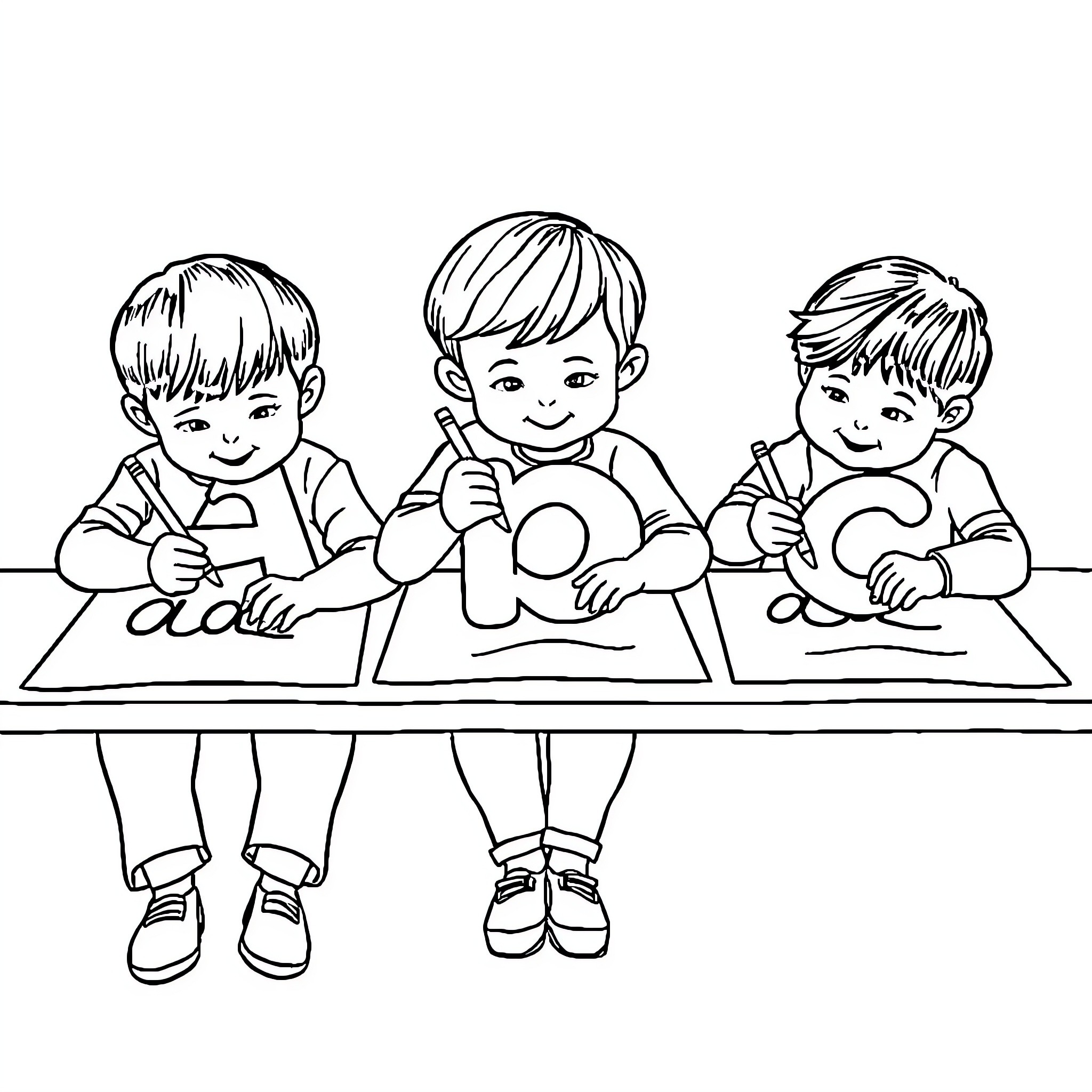 Toddlers enjoying creative activities at the table Coloring Page (free black-and-white line drawing printable PDF for all, from beginners to advanced learners, including children, teens, adults, and seniors)