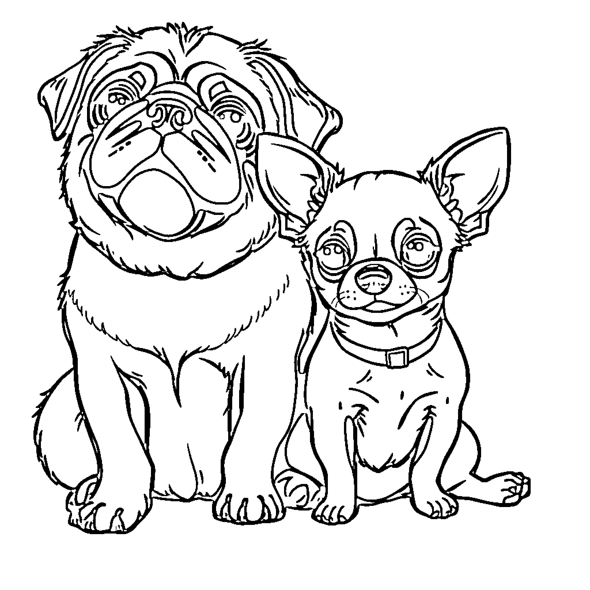 Pug and Chihuahua friends posing together Coloring Page (free black-and-white line drawing printable PDF for all, from beginners to advanced learners, including children, teens, adults, and seniors)
