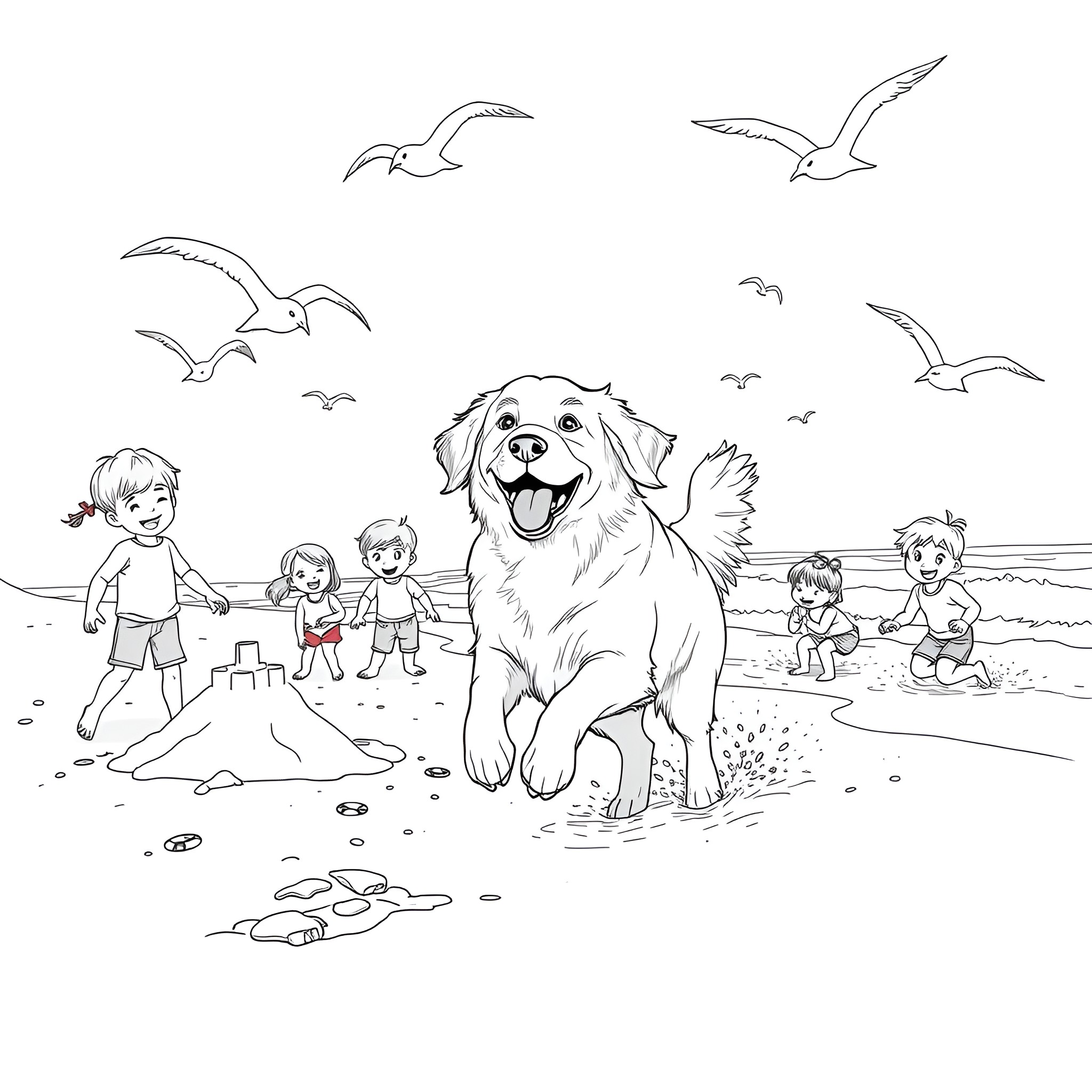 Golden Retriever playing with children on the beach Coloring Page (free black-and-white line drawing printable PDF for all, from beginners to advanced learners, including children, teens, adults, and seniors)