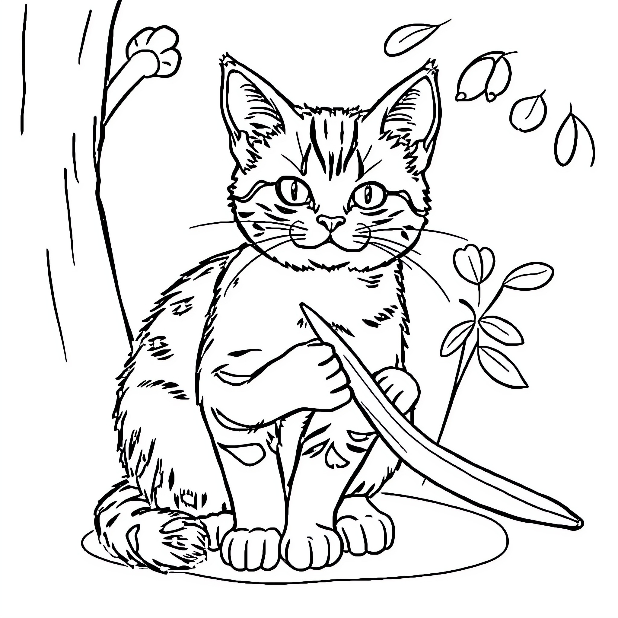 Cat and Mouse Playful Encounter in Floral Garden Coloring Page (free black-and-white line drawing printable PDF for all, from beginners to advanced learners, including children, teens, adults, and seniors)