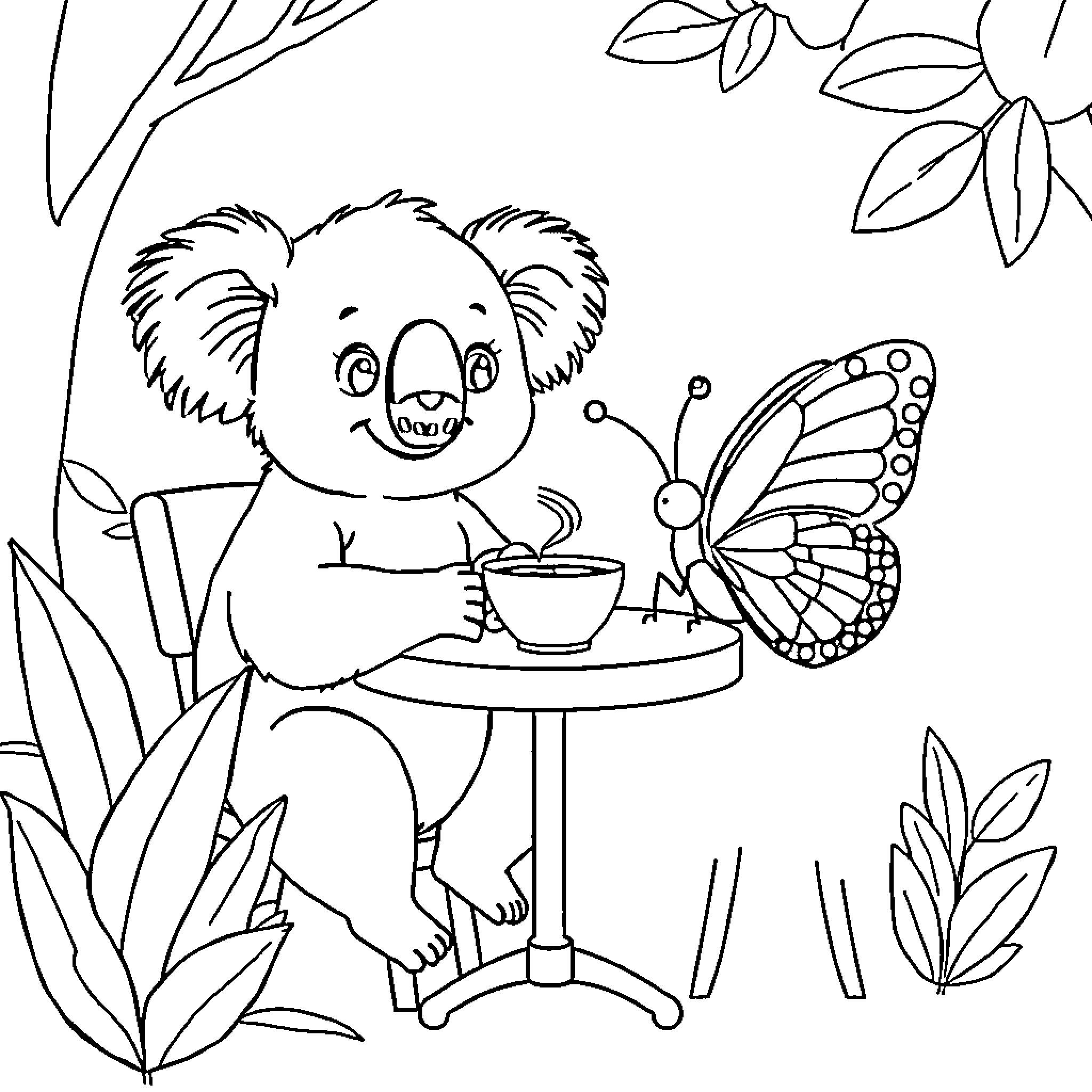 Koala enjoying a snack with a butterfly friend Coloring Page (free black-and-white line drawing printable PDF for all, from beginners to advanced learners, including children, teens, adults, and seniors)
