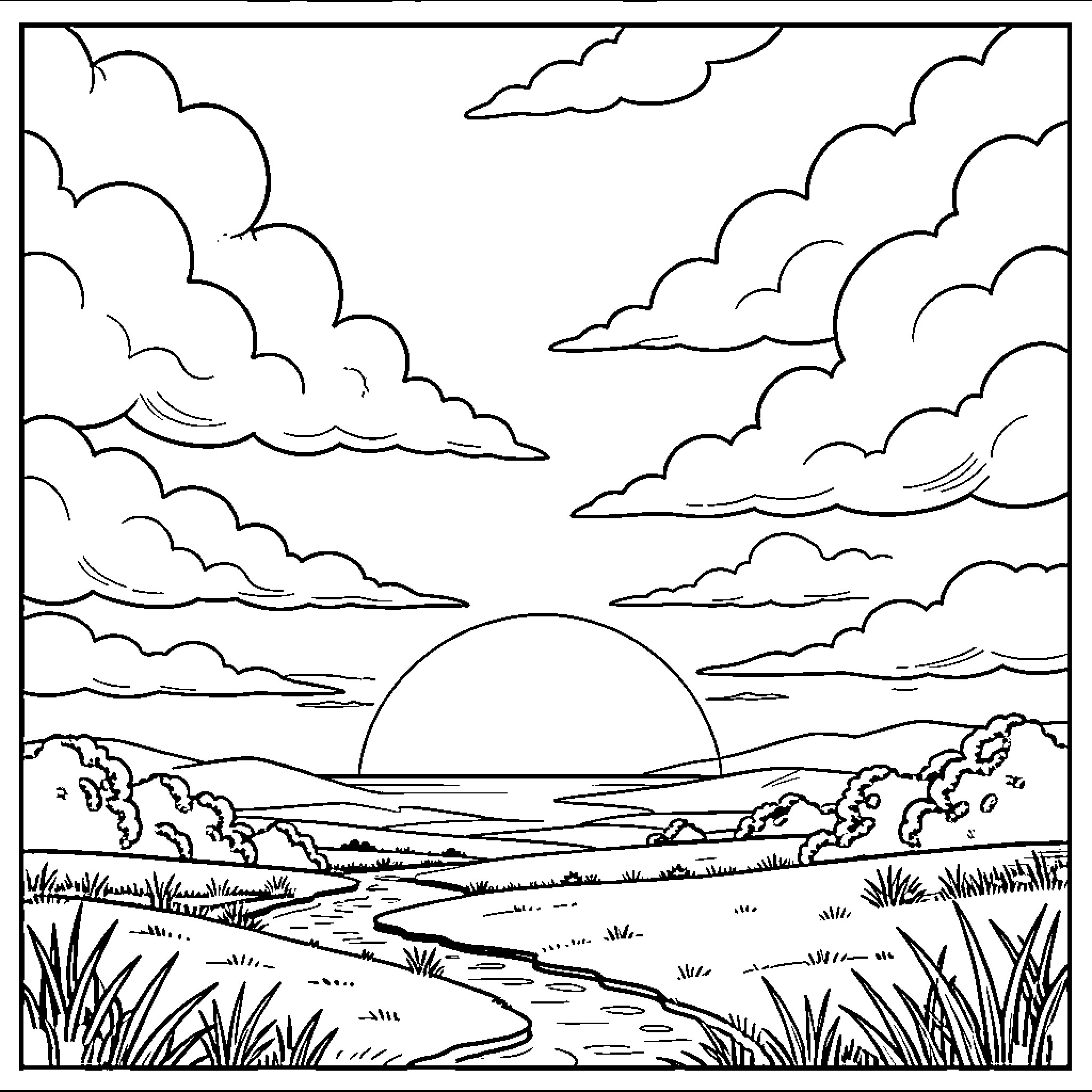 Sunset landscape with clouds and a tranquil river Coloring Page (free black-and-white line drawing printable PDF for all, from beginners to advanced learners, including children, teens, adults, and seniors)