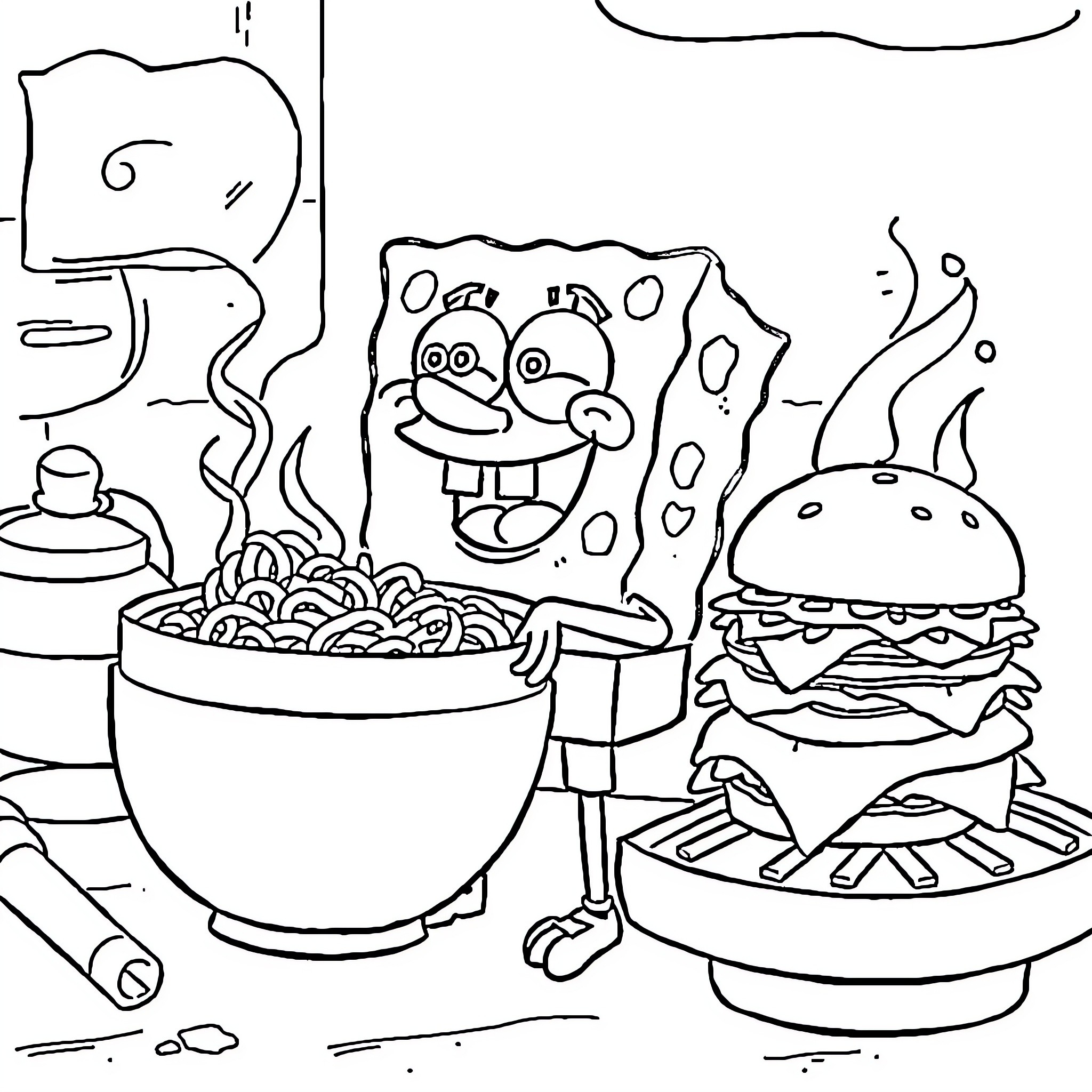 Spongebob cooking up a tasty meal with a hungry friend Coloring Page (free black-and-white line drawing printable PDF for all, from beginners to advanced learners, including children, teens, adults, and seniors)
