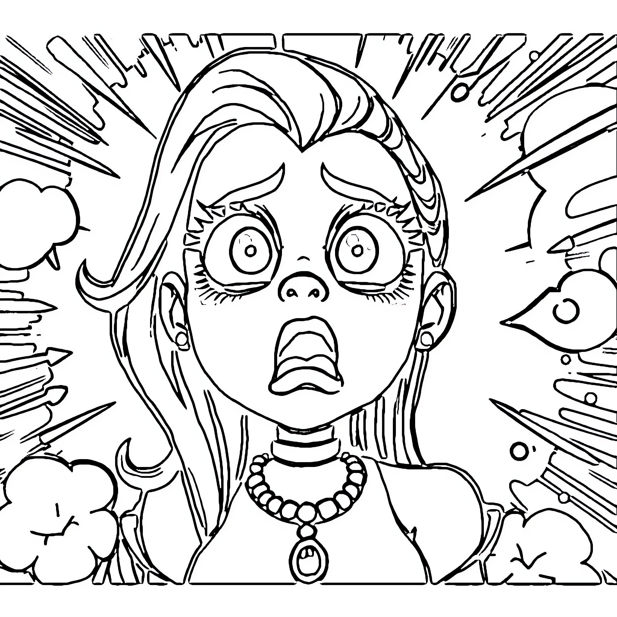 Loona's Surprised and Expressive Anime-Style Illustration Coloring Page (free black-and-white line drawing printable PDF for all, from beginners to advanced learners, including children, teens, adults, and seniors)