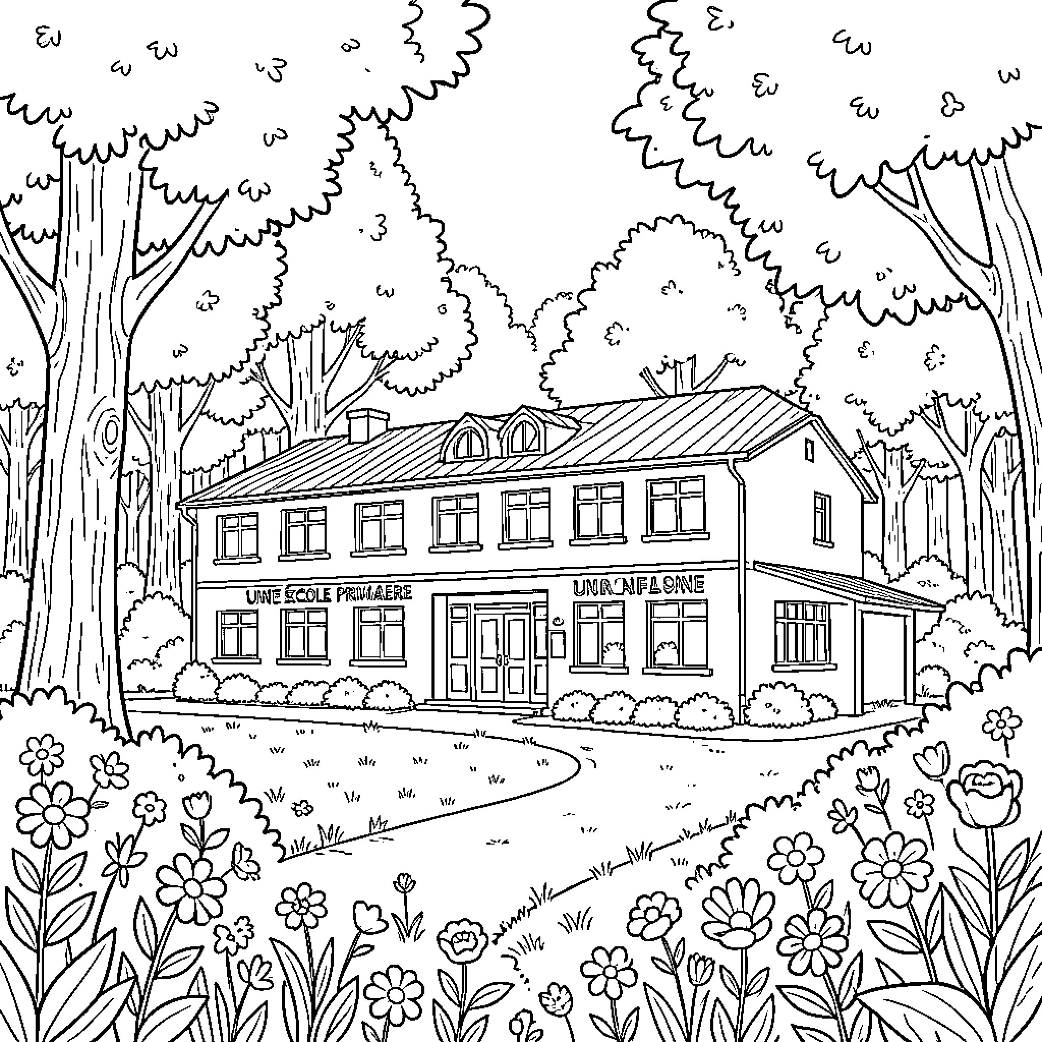 School in a Picturesque Woodland Setting Coloring Page (free black-and-white line drawing printable PDF for all, from beginners to advanced learners, including children, teens, adults, and seniors)