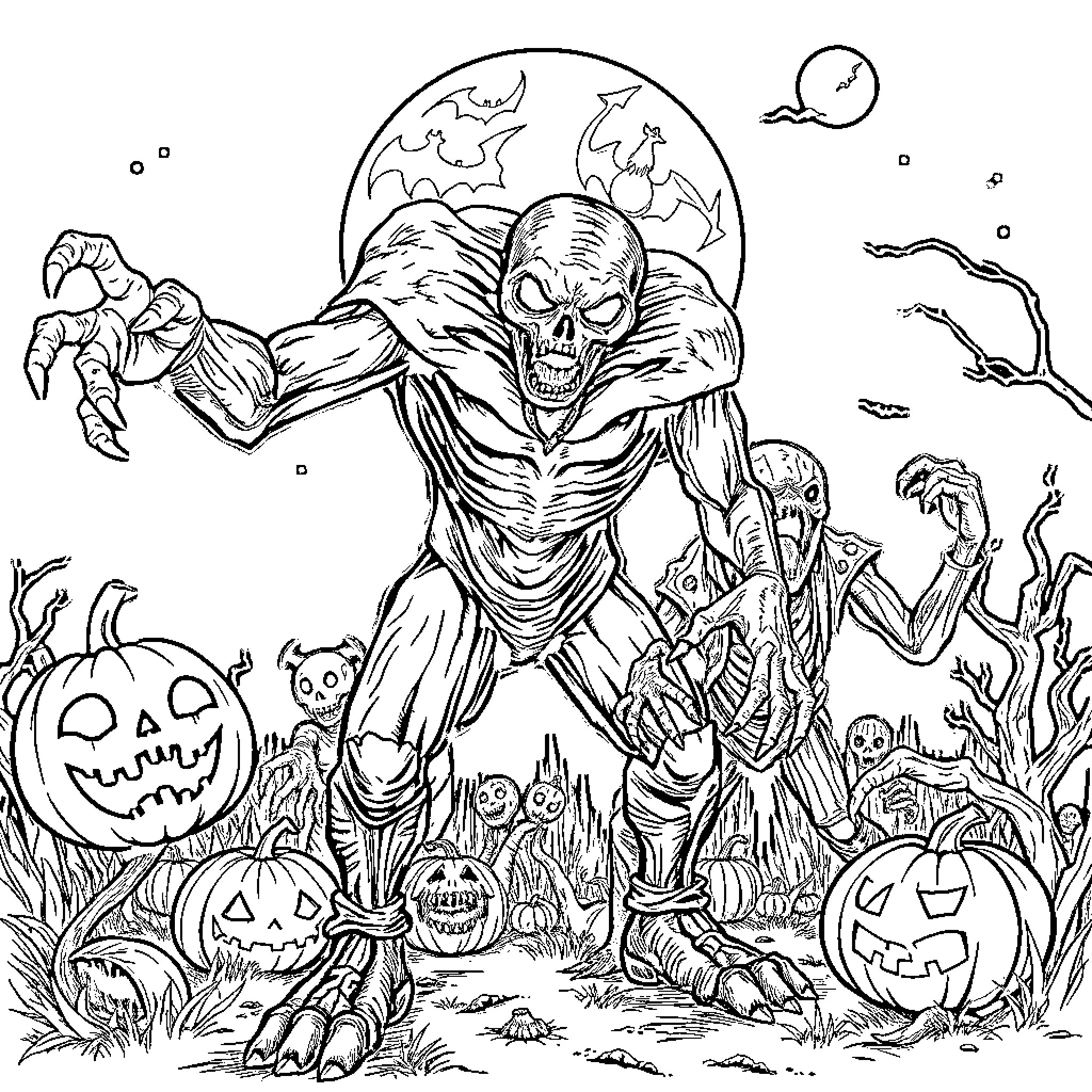 Monster Invading a Spooky Halloween Landscape Coloring Page (free black-and-white line drawing printable PDF for all, from beginners to advanced learners, including children, teens, adults, and seniors)