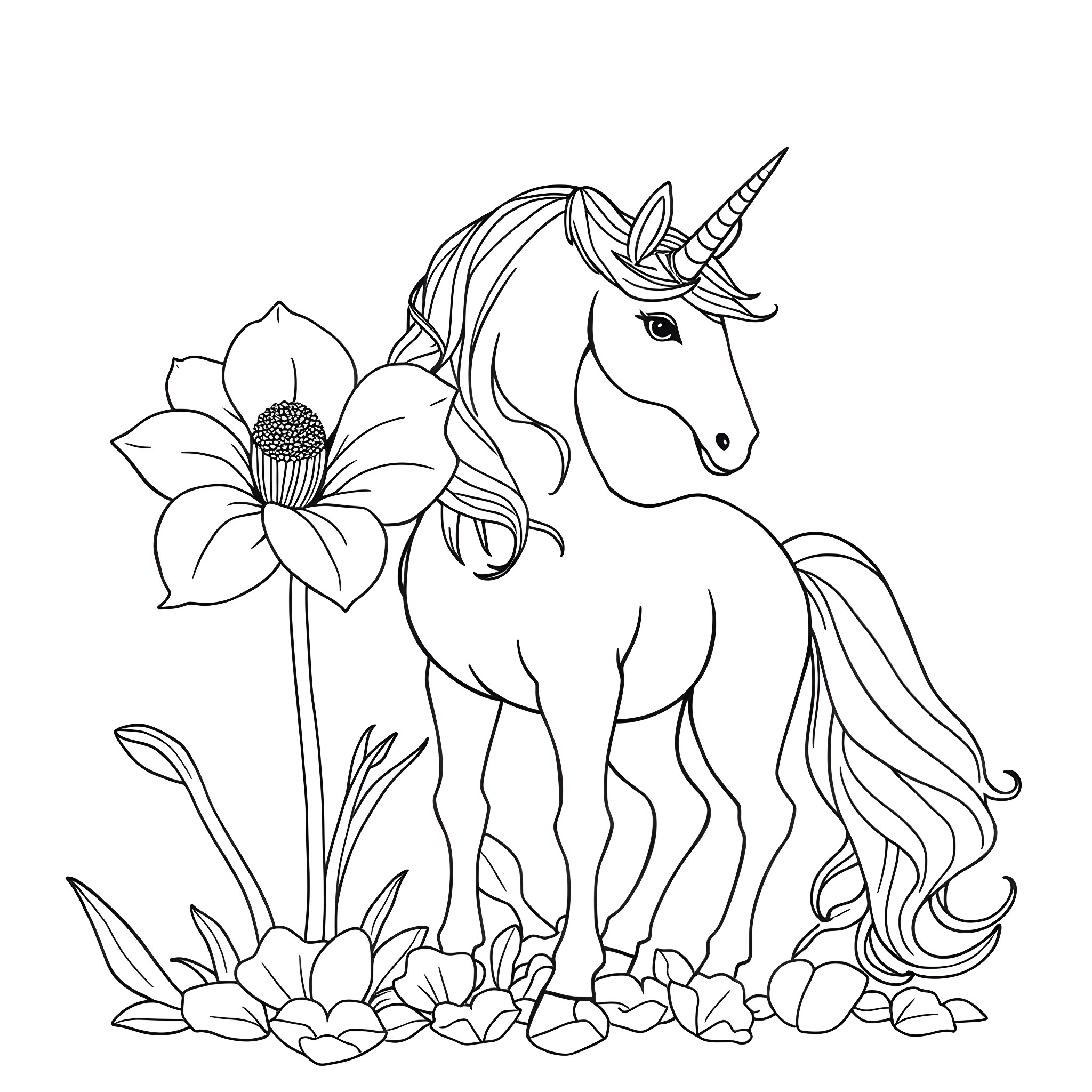 Unicorn standing amidst flowers Coloring Page (free black-and-white line drawing printable PDF for all, from beginners to advanced learners, including children, teens, adults, and seniors)