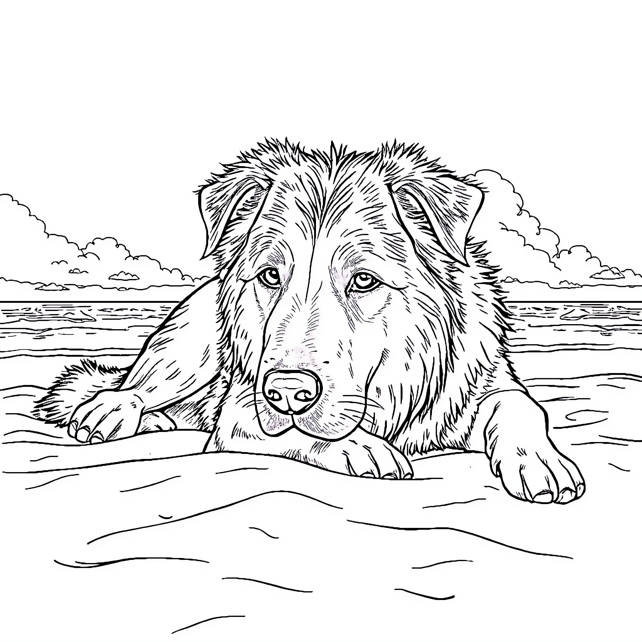 Maremma Sheepdog relaxing on the beach Coloring Page (free black-and-white line drawing printable PDF for all, from beginners to advanced learners, including children, teens, adults, and seniors)