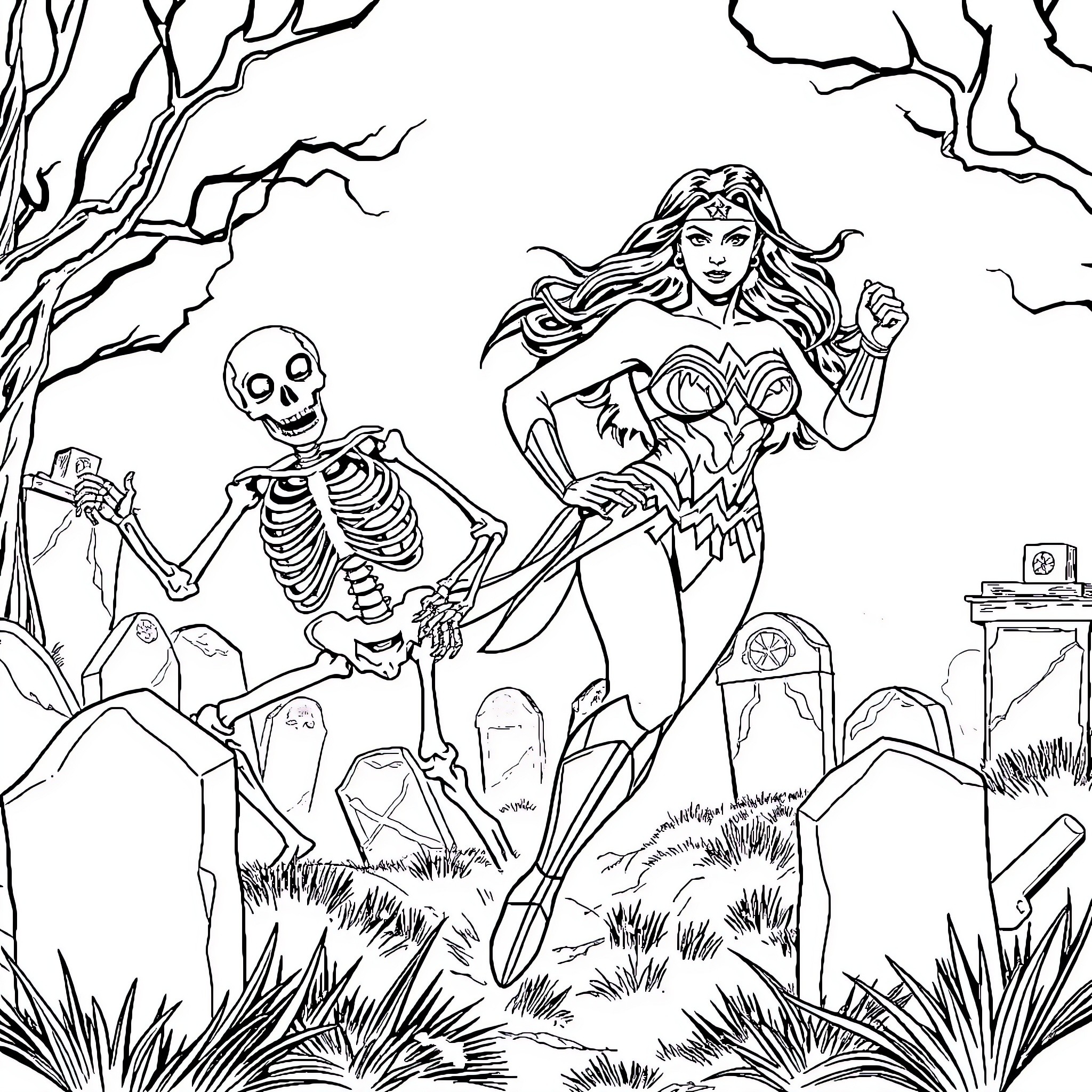 Wonderwoman battles skeleton in spooky graveyard scene Coloring Page (free black-and-white line drawing printable PDF for all, from beginners to advanced learners, including children, teens, adults, and seniors)