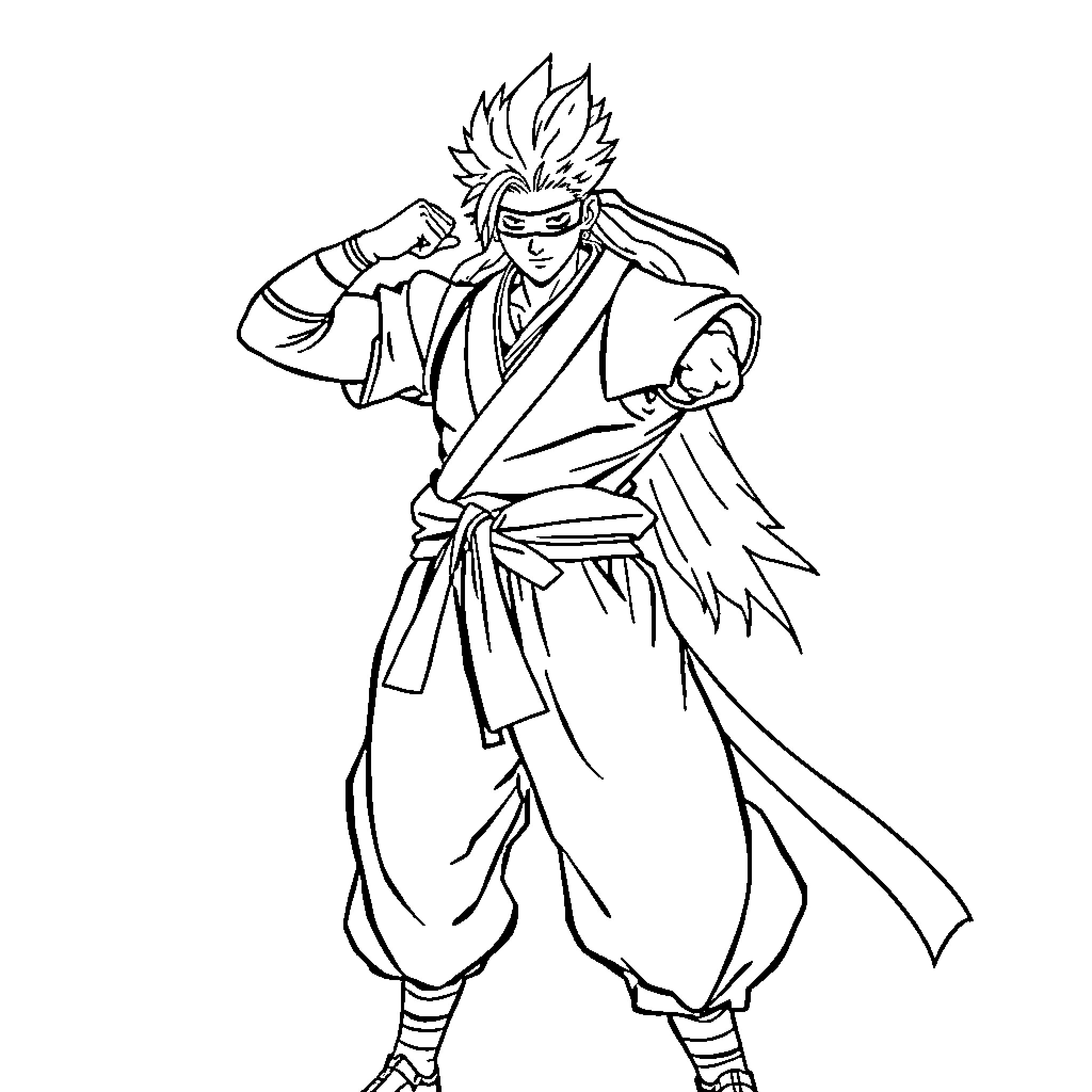 Gojo in Dramatic Anime Pose Coloring Page (free black-and-white line drawing printable PDF for all, from beginners to advanced learners, including children, teens, adults, and seniors)