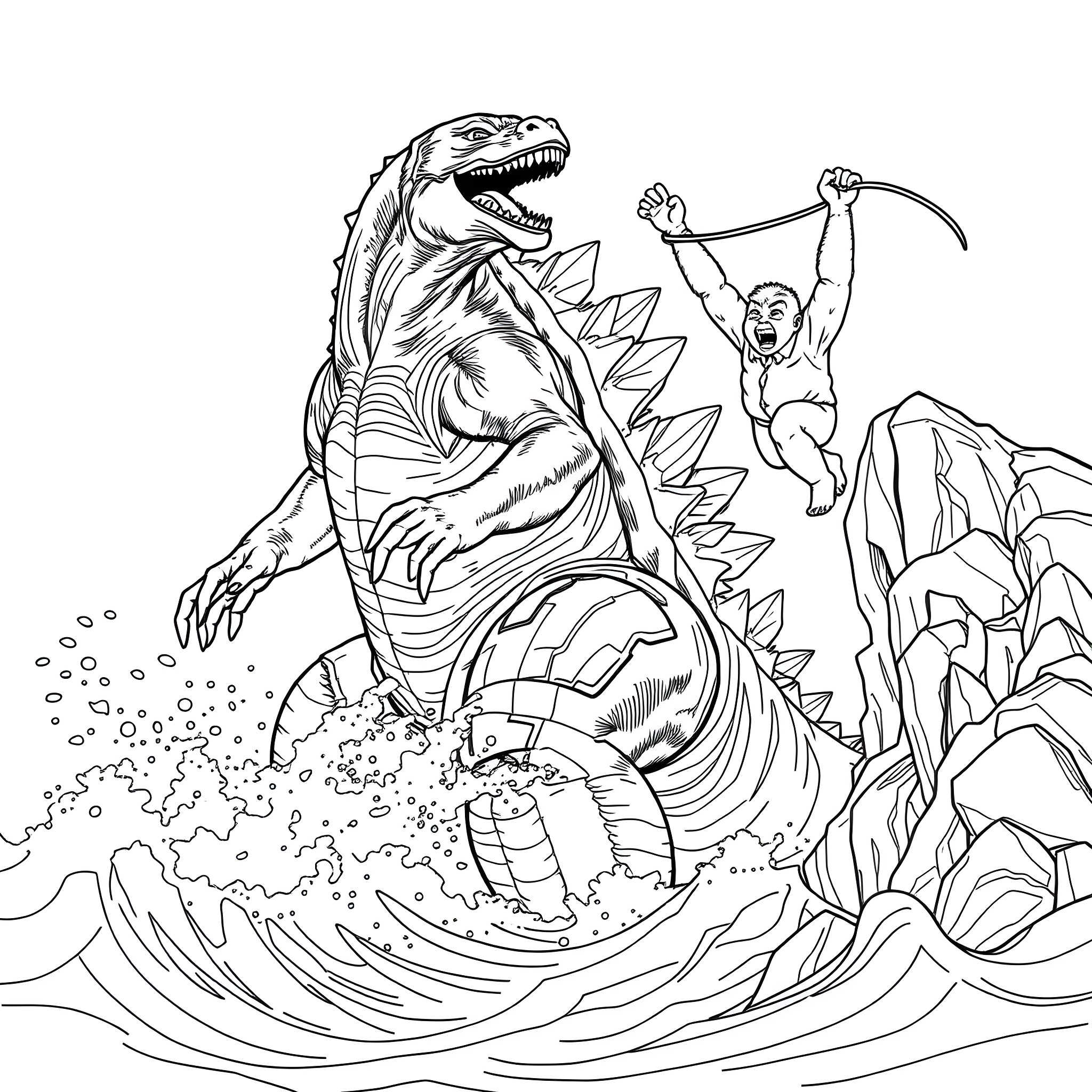 Godzilla battling a human in a dramatic scene Coloring Page (free black-and-white line drawing printable PDF for all, from beginners to advanced learners, including children, teens, adults, and seniors)